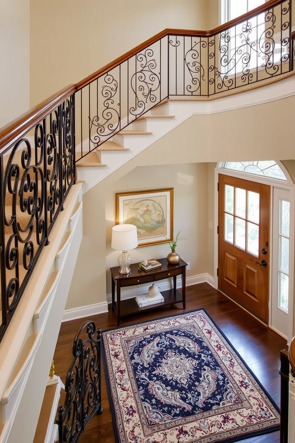 Elegant staircase railing for a polished look. The railing features intricate wrought iron details with a sleek wooden handrail that complements the staircase design. Staircase landing design ideas. The landing is adorned with a decorative area rug and a stylish console table, providing a welcoming transition between floors.