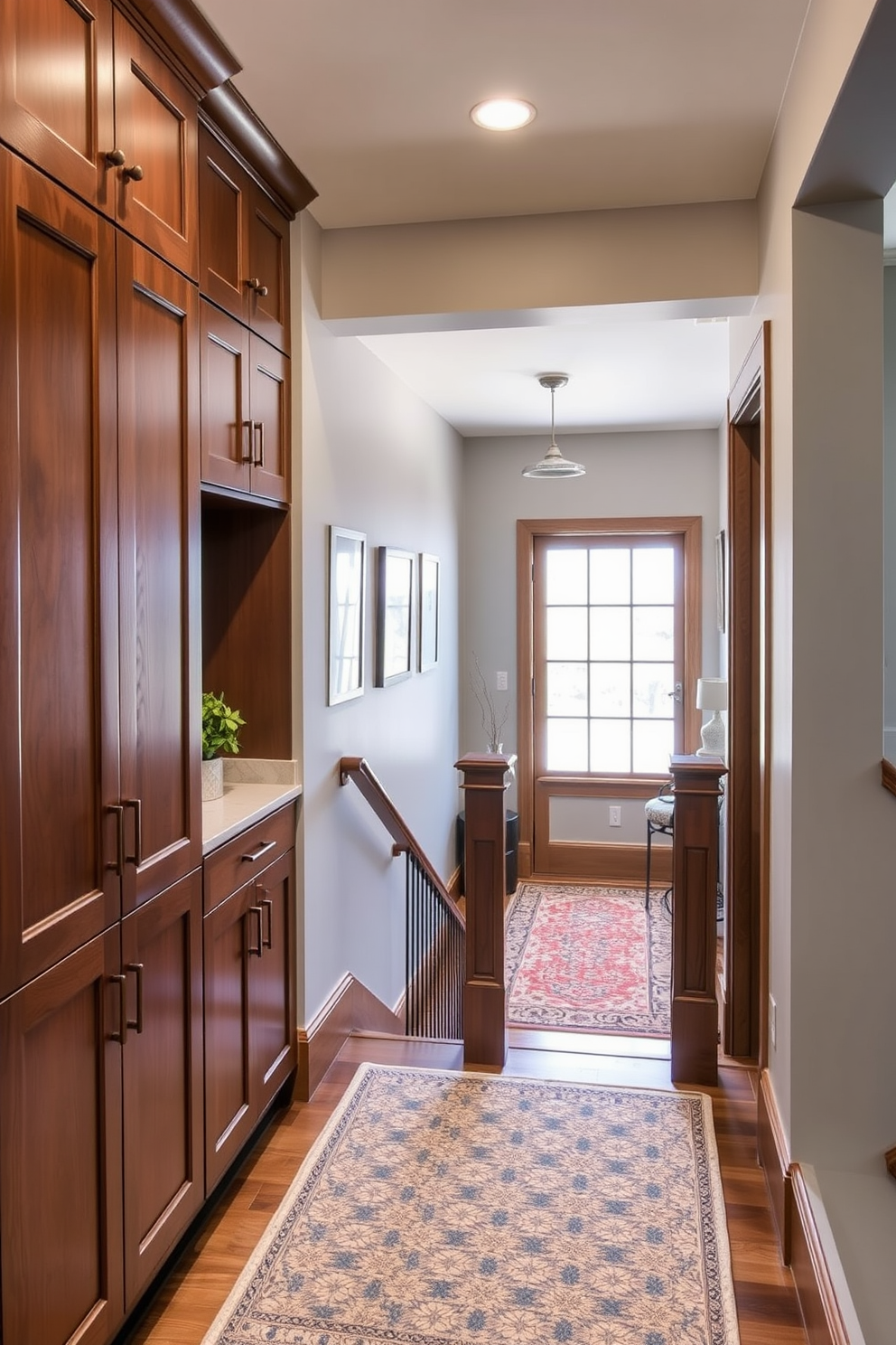 Custom-built cabinetry lines the walls of the staircase landing, providing ample storage while blending seamlessly with the home's architecture. The cabinetry features elegant hardware and a rich wood finish, enhancing the overall sophistication of the space. The staircase landing is adorned with a stylish area rug that adds warmth and texture, creating an inviting atmosphere. Natural light floods the area through a large window, illuminating the carefully curated decor and artwork displayed on the walls.