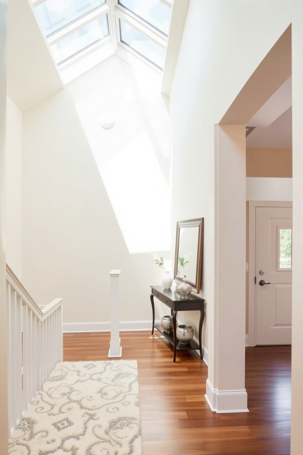 A bright and airy staircase landing features an overhead skylight that floods the space with natural light. The walls are adorned with soft neutral tones, enhancing the warmth and openness of the area. A stylish console table is positioned against one wall, topped with decorative accents and a large framed mirror. The flooring is a rich hardwood, complemented by a plush area rug that adds comfort and texture to the landing.