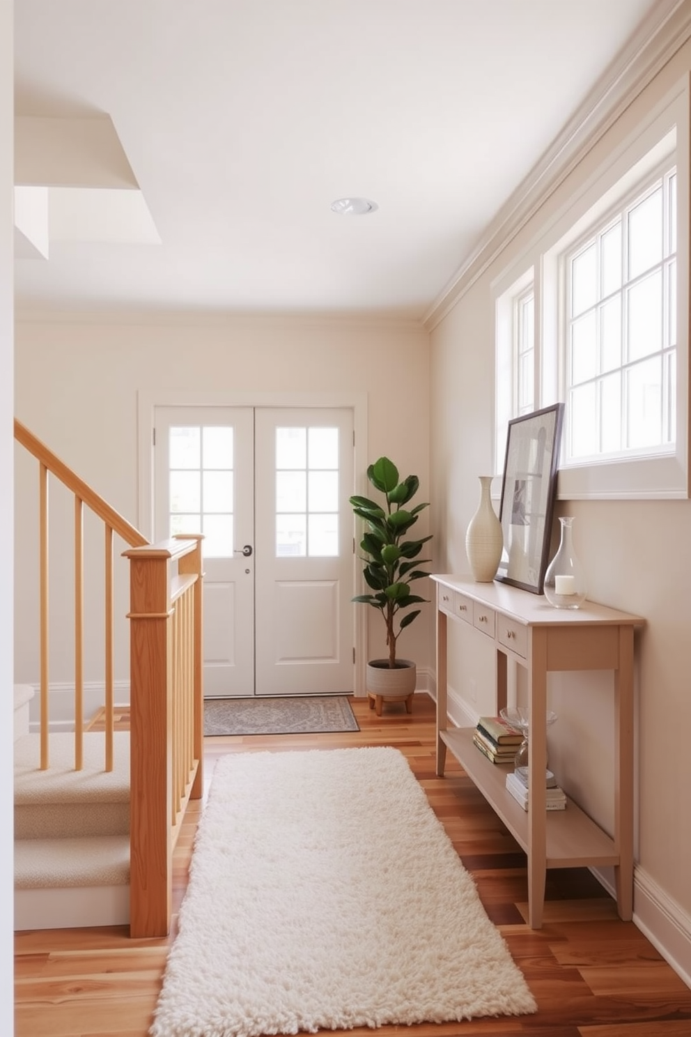 A serene staircase landing designed with a neutral color palette to create a calming effect. Soft beige walls complement a light oak railing, while a plush cream area rug adds warmth underfoot. Natural light floods the space through a large window, illuminating a minimalist console table adorned with a few carefully selected decorative items. A potted plant in the corner brings a touch of nature, enhancing the tranquil atmosphere.