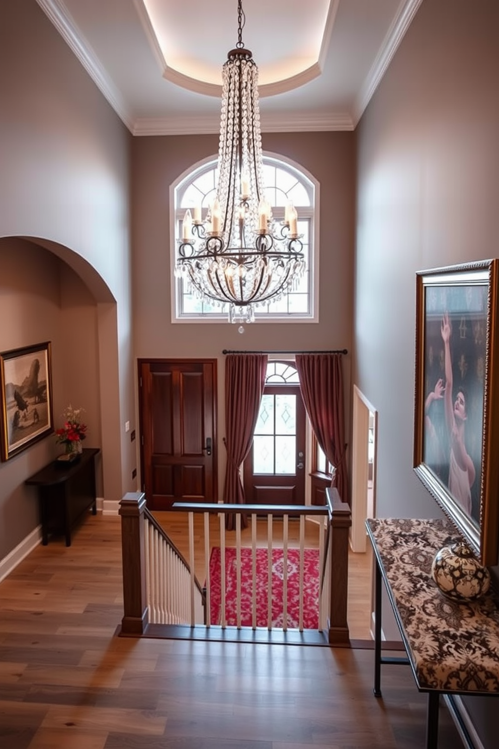 A gallery wall of family photos is featured prominently on the staircase landing. The wall is adorned with an eclectic mix of frames in various sizes and finishes, showcasing cherished memories in a warm and inviting arrangement. The staircase landing is designed with a cozy reading nook that includes a plush armchair and a small side table. Soft lighting from a nearby window enhances the inviting atmosphere, making it a perfect spot for relaxation and reflection.