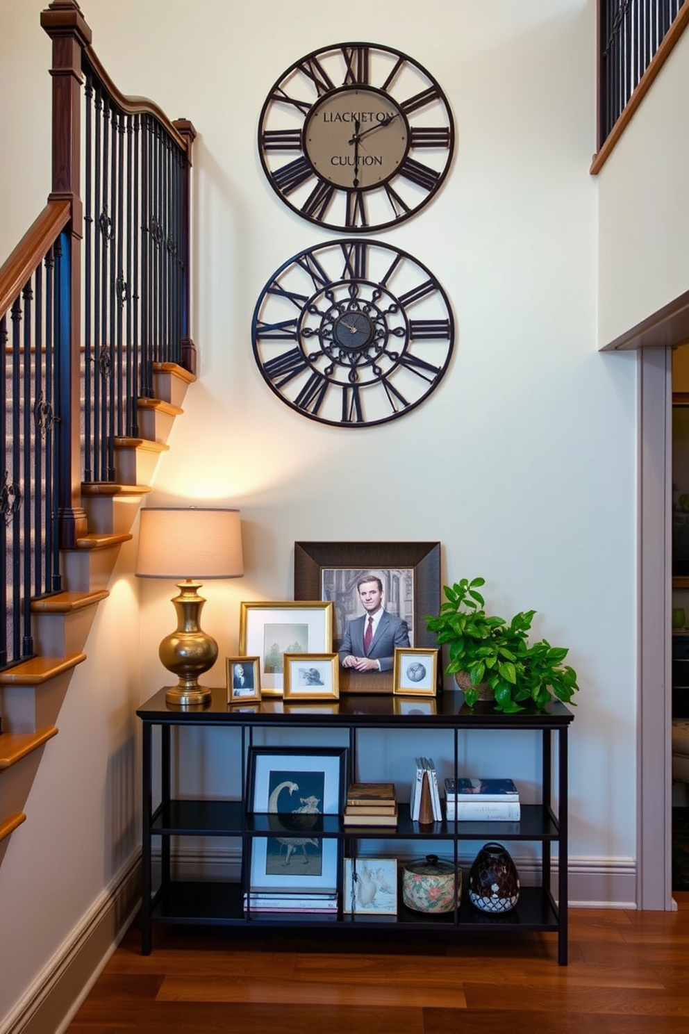 A stylish clock serves as a statement piece on the staircase landing, drawing attention with its intricate design and bold color. Surrounding the clock, the landing features a cozy seating area with elegant furnishings that complement the clock's aesthetic. The staircase landing is adorned with soft lighting that highlights the clock and creates a warm ambiance. A decorative console table beneath the clock displays curated art pieces and fresh greenery, enhancing the overall design.