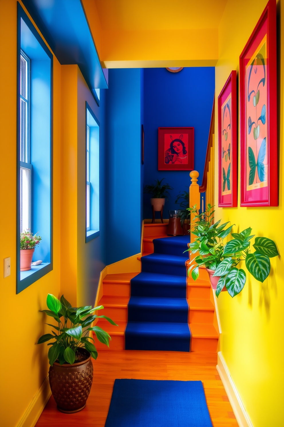 A vibrant staircase landing filled with bright accent colors. The walls are painted in a lively yellow, and a bold blue runner carpet leads up the stairs. Colorful artwork in red and orange frames adorns the walls, adding energy to the space. Potted plants with lush green leaves are placed strategically to enhance the lively atmosphere.