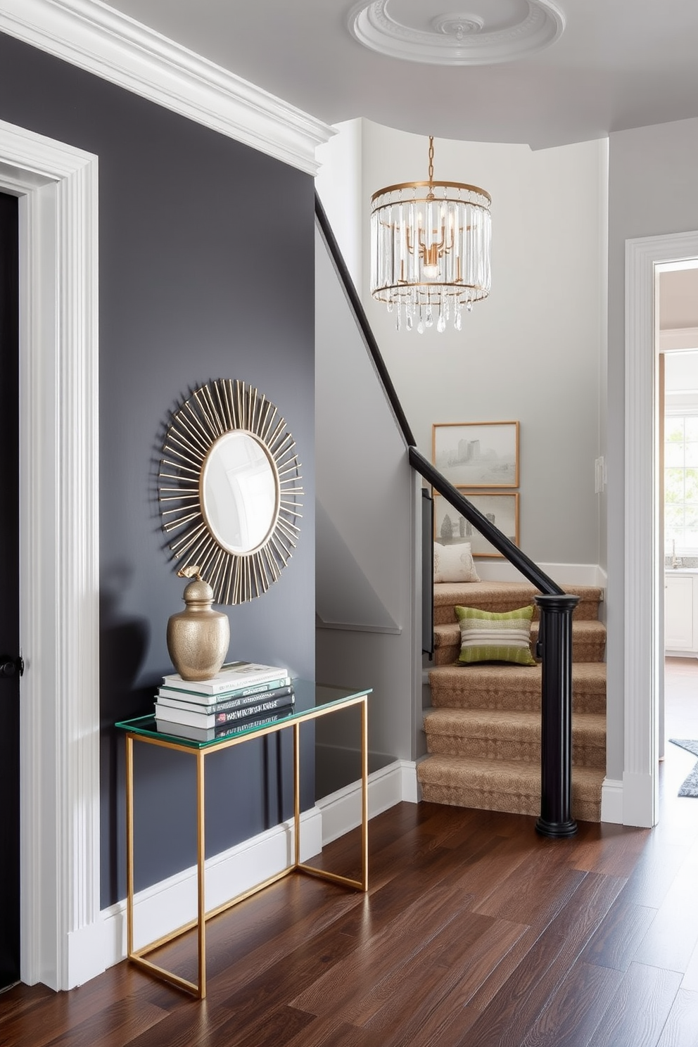 A stylish console table is placed against the wall in the entryway. It features a sleek design with a glass top and gold metal legs, adorned with a decorative mirror and a collection of books. The staircase landing is designed to be inviting and functional. A cozy seating area with a small bench and a statement light fixture creates an elegant focal point in the space.