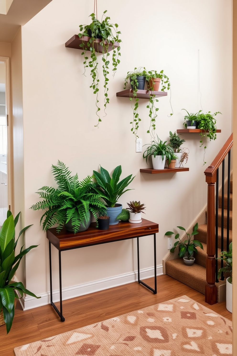 A cozy staircase landing adorned with a variety of indoor plants to bring natural greenery into the space. Lush ferns and potted succulents are placed on a sleek wooden console table, while trailing vines hang from the wall-mounted shelves. The walls are painted in a soft beige tone, creating a warm and inviting atmosphere. A stylish area rug in neutral colors anchors the space, complementing the greenery and adding texture to the landing.