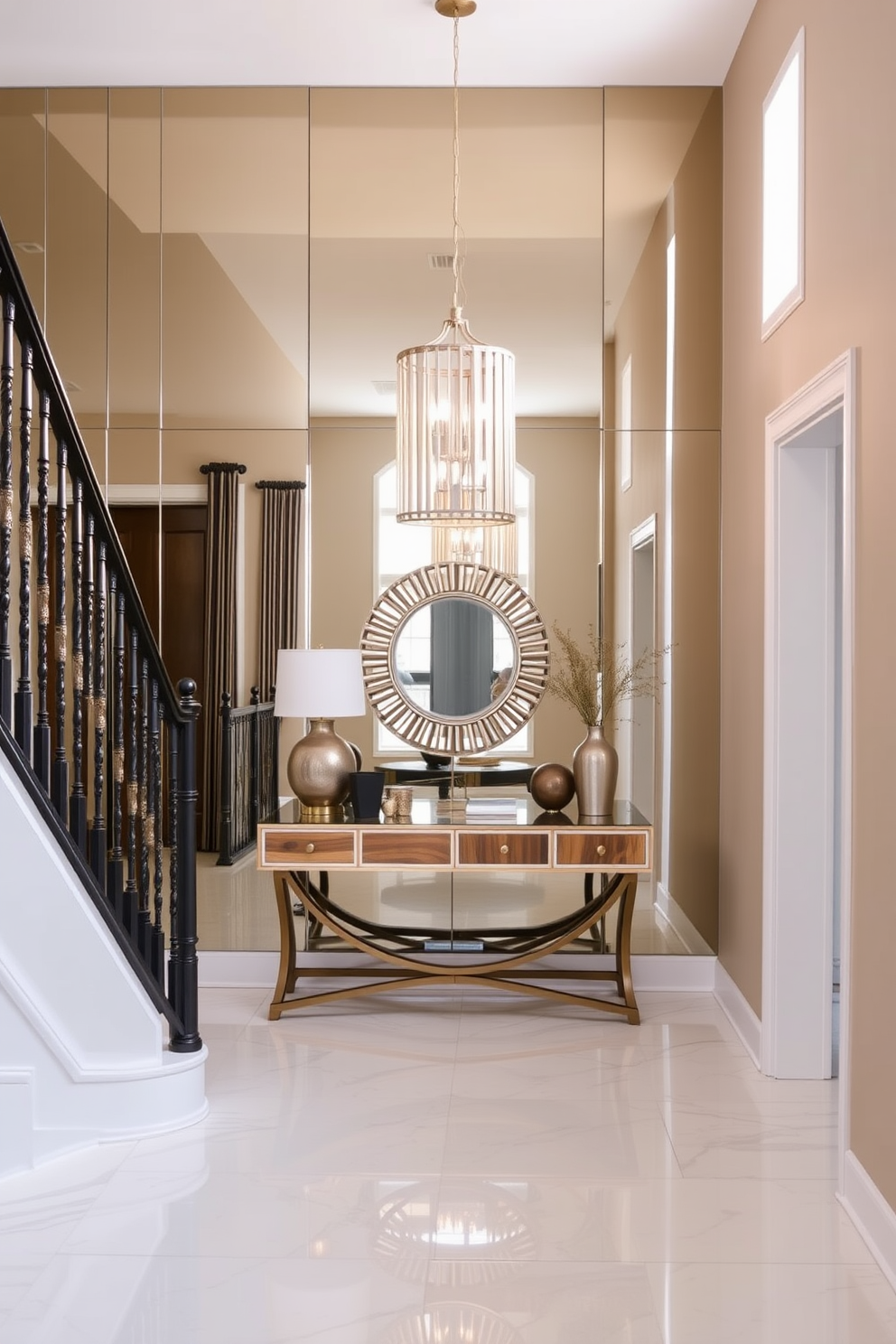 A stunning staircase landing featuring a mirrored wall that enhances light reflection throughout the space. The landing is adorned with a stylish console table topped with decorative accents and a chic pendant light hanging above.