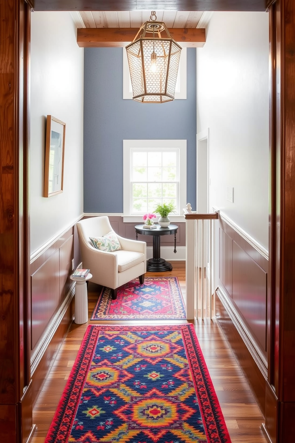 Artistic staircase runner for added flair. The runner features a vibrant geometric pattern that contrasts beautifully with the wooden staircase, enhancing its elegance and charm. Staircase landing design ideas. The landing showcases a cozy reading nook with a plush armchair and a small side table, complemented by a statement light fixture that draws the eye upwards.