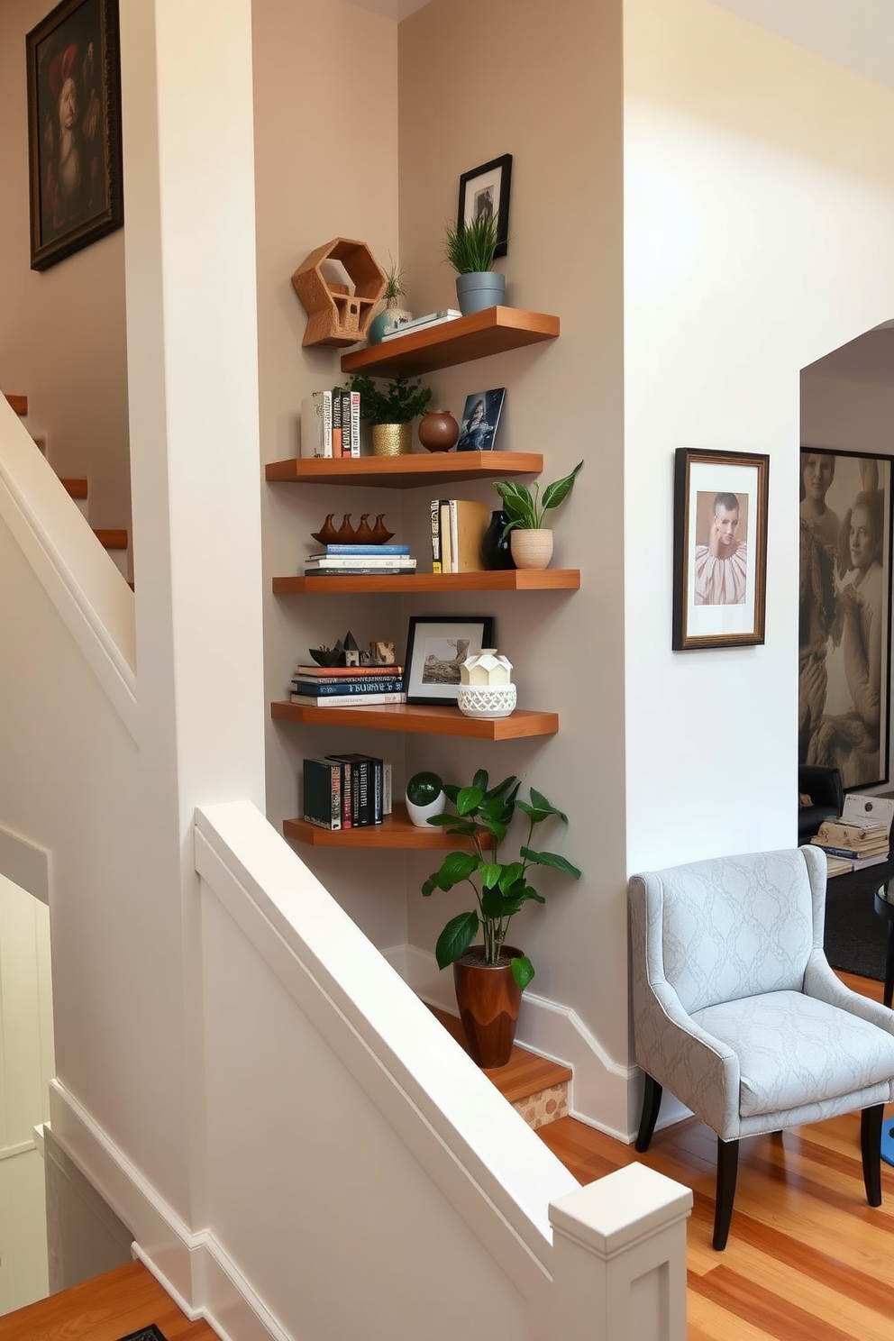 A stylish staircase landing featuring floating shelves adorned with decorative items. The shelves showcase a mix of books, plants, and art pieces, creating an inviting and personalized atmosphere. The walls are painted in a soft neutral tone, complementing the warm wood of the staircase. A cozy seating area with a small accent chair and a side table is positioned nearby, enhancing the landing's functionality and charm.