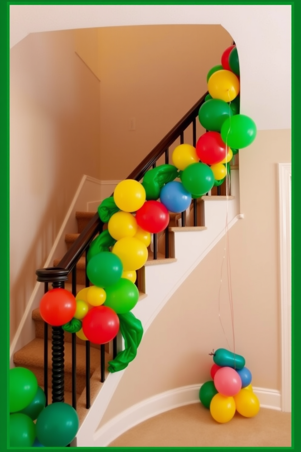 A festive staircase adorned with lush green garlands draped elegantly along the railing. The garlands are interspersed with twinkling fairy lights, creating a warm and inviting atmosphere for St. Patrick's Day celebrations.