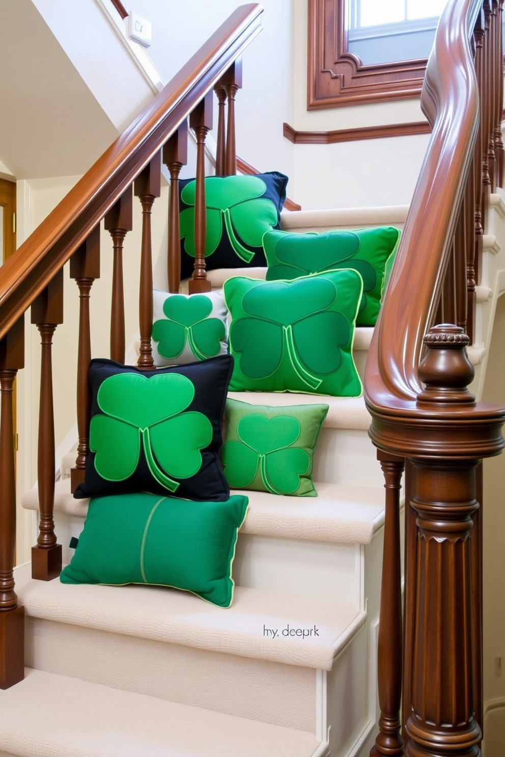 Decorative shamrock pillows are artfully arranged on the landing of a grand staircase. The vibrant green hues of the pillows complement the elegant wooden banister, creating a festive atmosphere for St. Patrick's Day.