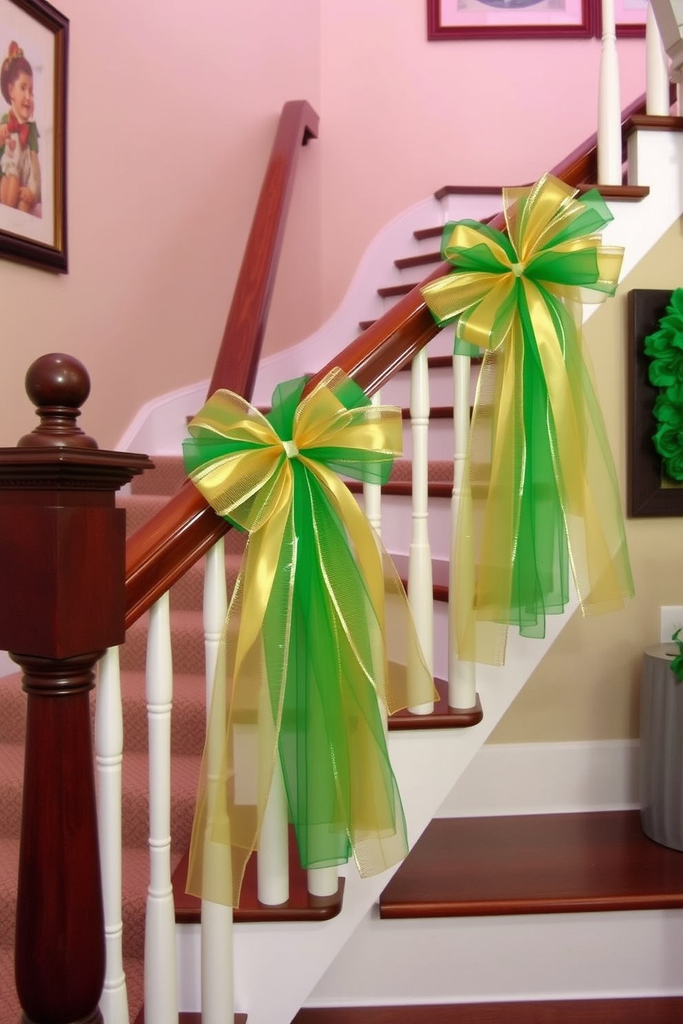 A charming staircase adorned with green and gold tulle bows elegantly drapes over the banister. The vibrant colors create a festive atmosphere, perfect for celebrating St. Patrick's Day.