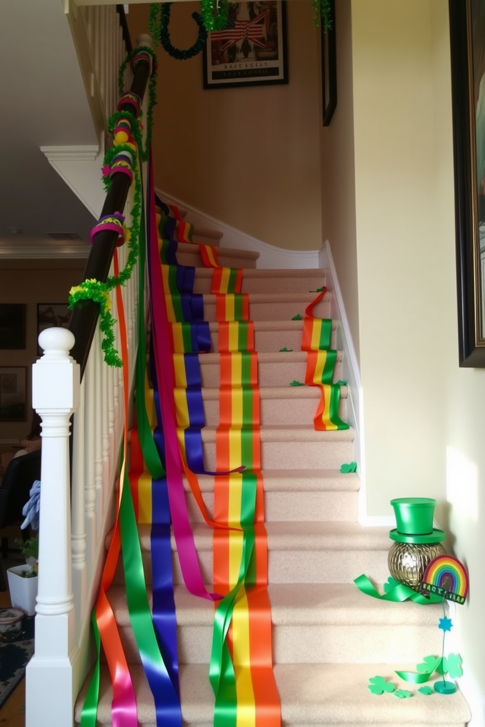 A festive staircase adorned with vibrant rainbow streamers cascading down each step. The streamers create a lively atmosphere, perfectly complementing the St. Patrick's Day decorations scattered throughout the space.