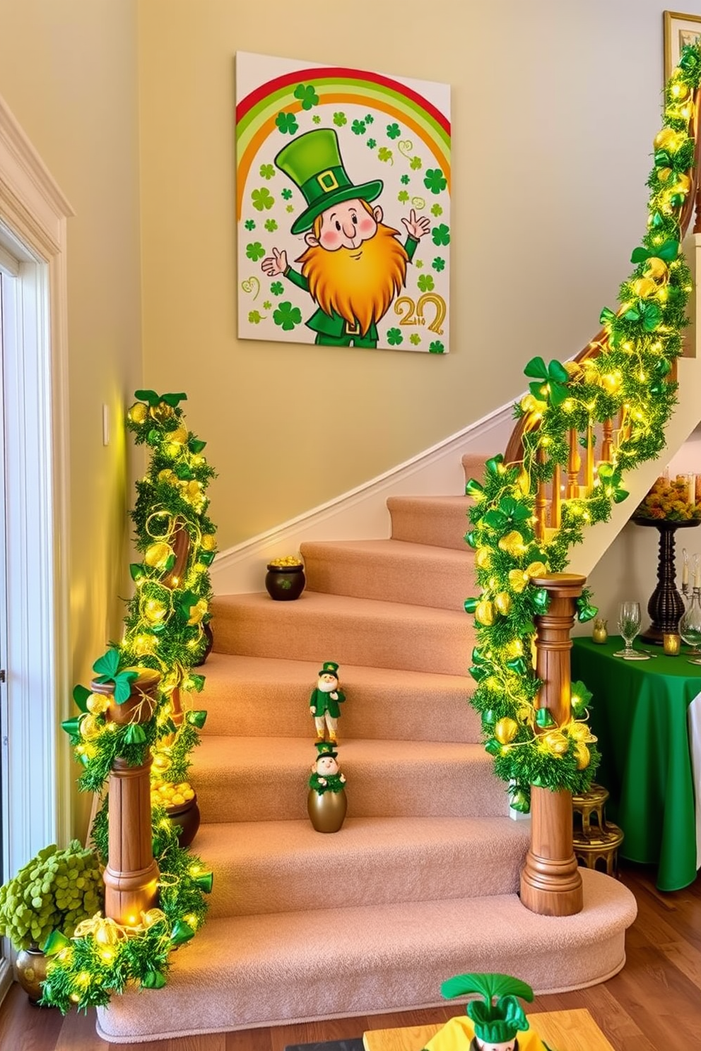 A vibrant St. Patrick's Day themed wall art featuring a large green shamrock surrounded by golden accents. The background is a soft cream color that enhances the festive feel while providing a warm contrast. A beautifully designed staircase adorned with green garlands and twinkling fairy lights. Each step is decorated with small potted plants featuring shamrocks, creating a charming and inviting atmosphere. Creative St. Patrick's Day decorating ideas include using green and gold table runners and centerpieces for your dining table. Incorporate themed cushions and throws in your living space to enhance the holiday spirit.