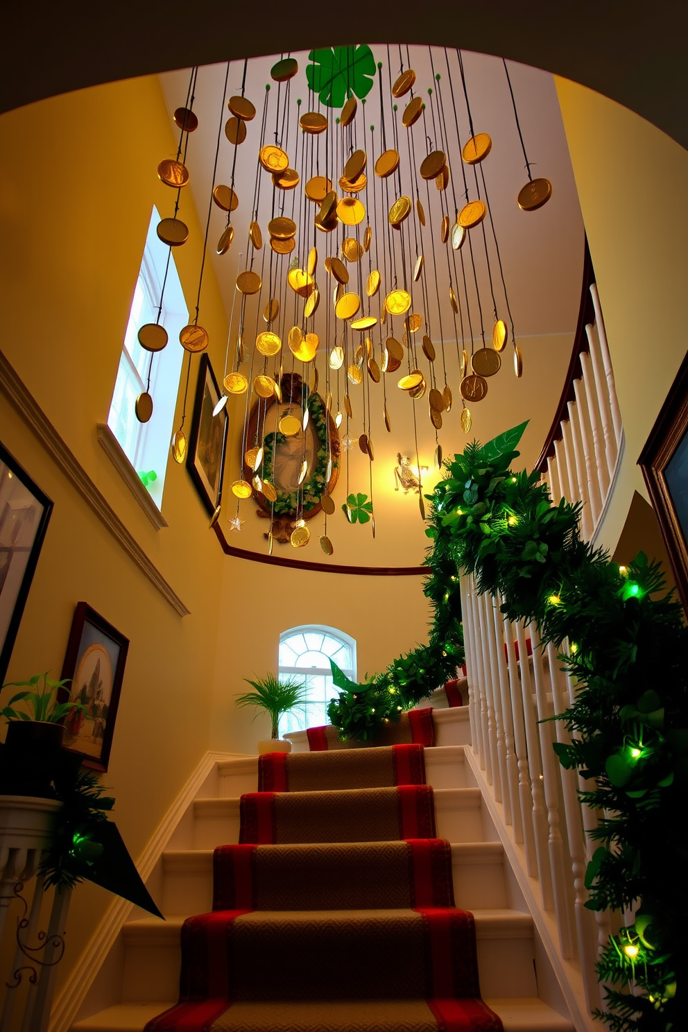 A charming staircase adorned with green and gold ribbon bows tied elegantly on each spindle. The soft glow of warm lighting enhances the festive atmosphere, creating a welcoming entryway for St. Patrick's Day celebrations.