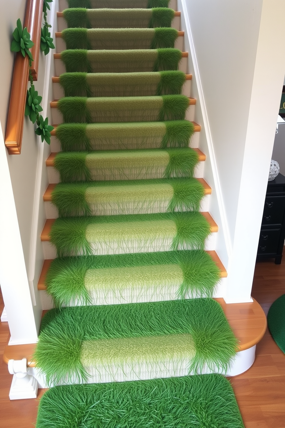 A staircase adorned with faux grass mats on each step creates a vibrant and festive atmosphere. The mats are lush and green, adding a touch of nature to the indoor space while celebrating St. Patrick's Day with cheerful decor.