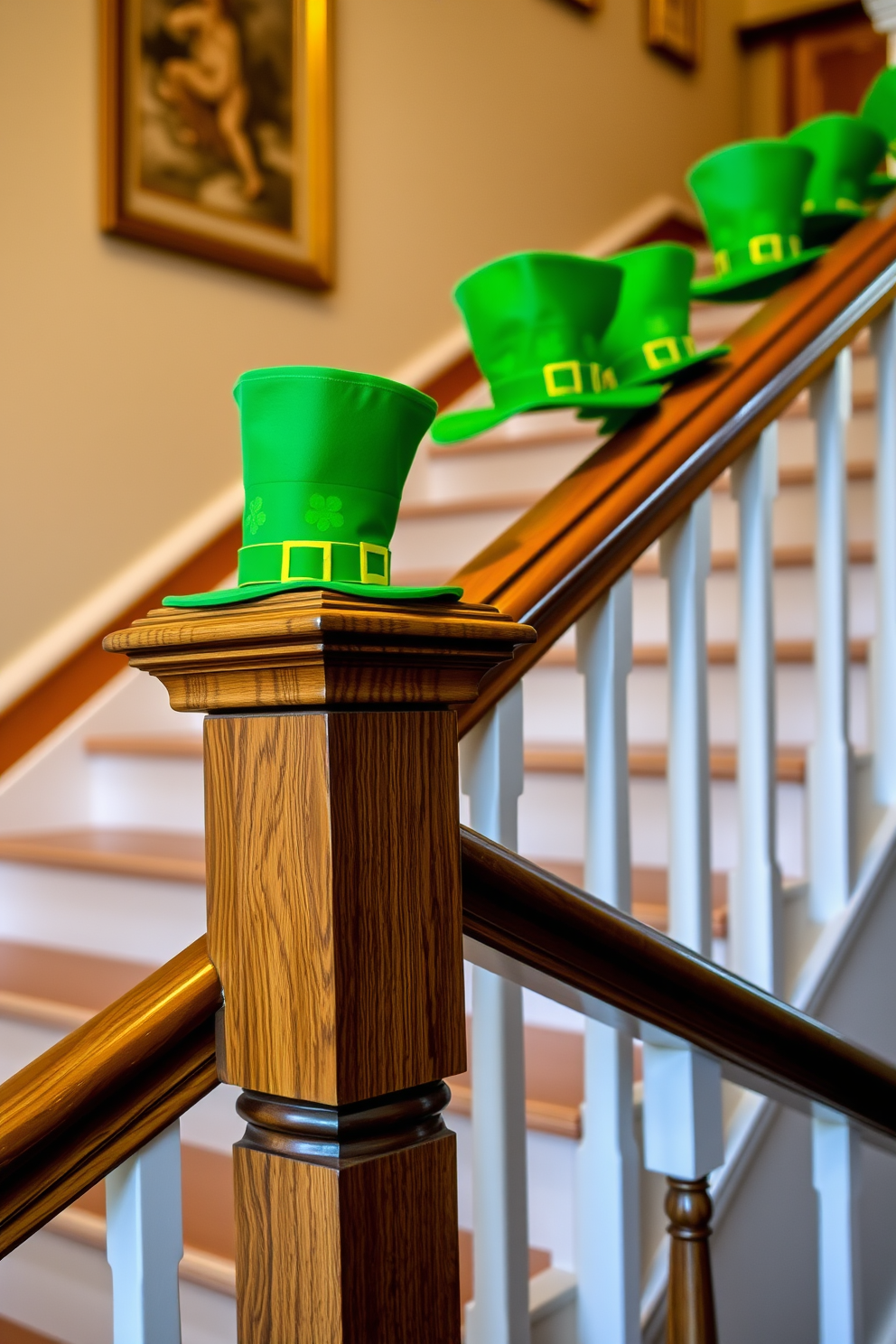 A charming entryway featuring lucky horseshoes displayed prominently on the wall. The horseshoes are arranged in a visually appealing pattern, adding a touch of rustic charm to the decor. A beautifully designed staircase adorned with festive St. Patrick's Day decorations. Green garlands and twinkling lights enhance the staircase, creating a warm and inviting atmosphere.