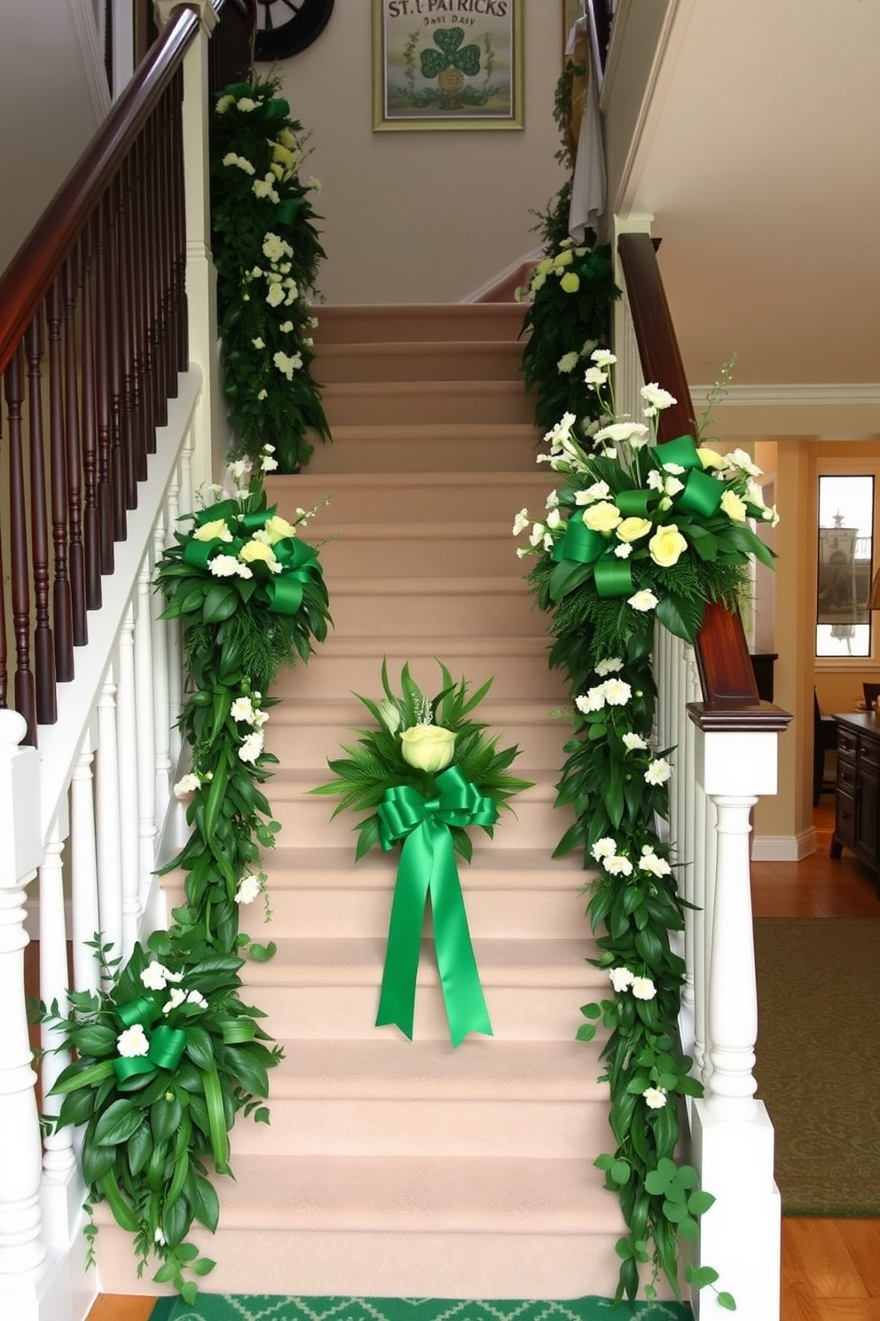 A charming staircase landing adorned with vibrant green floral arrangements celebrating St. Patrick's Day. The arrangements feature lush greenery and delicate white flowers, creating a festive and inviting atmosphere.