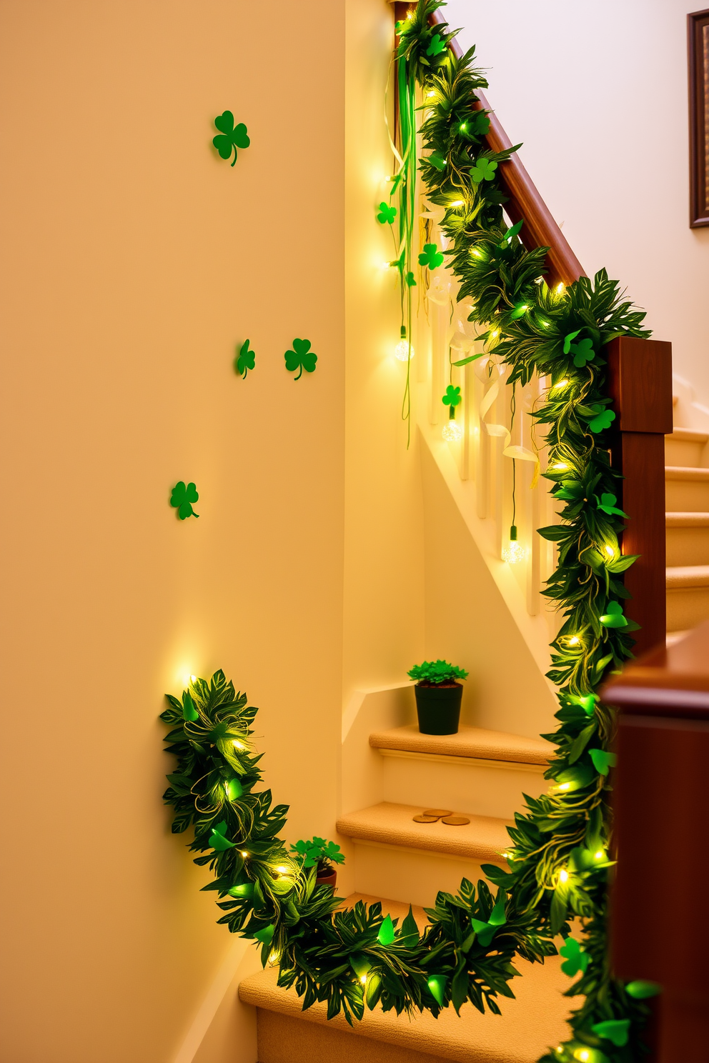 A vibrant DIY St. Patrick's Day garland adorns the wall, featuring an array of green, gold, and white colors. The garland is crafted from paper shamrocks, twinkling lights, and festive ribbons, creating a cheerful atmosphere. The staircase is elegantly decorated for St. Patrick's Day, showcasing lush green garlands intertwined with fairy lights. Small pots of shamrocks and gold coins are placed along the steps, enhancing the festive spirit.