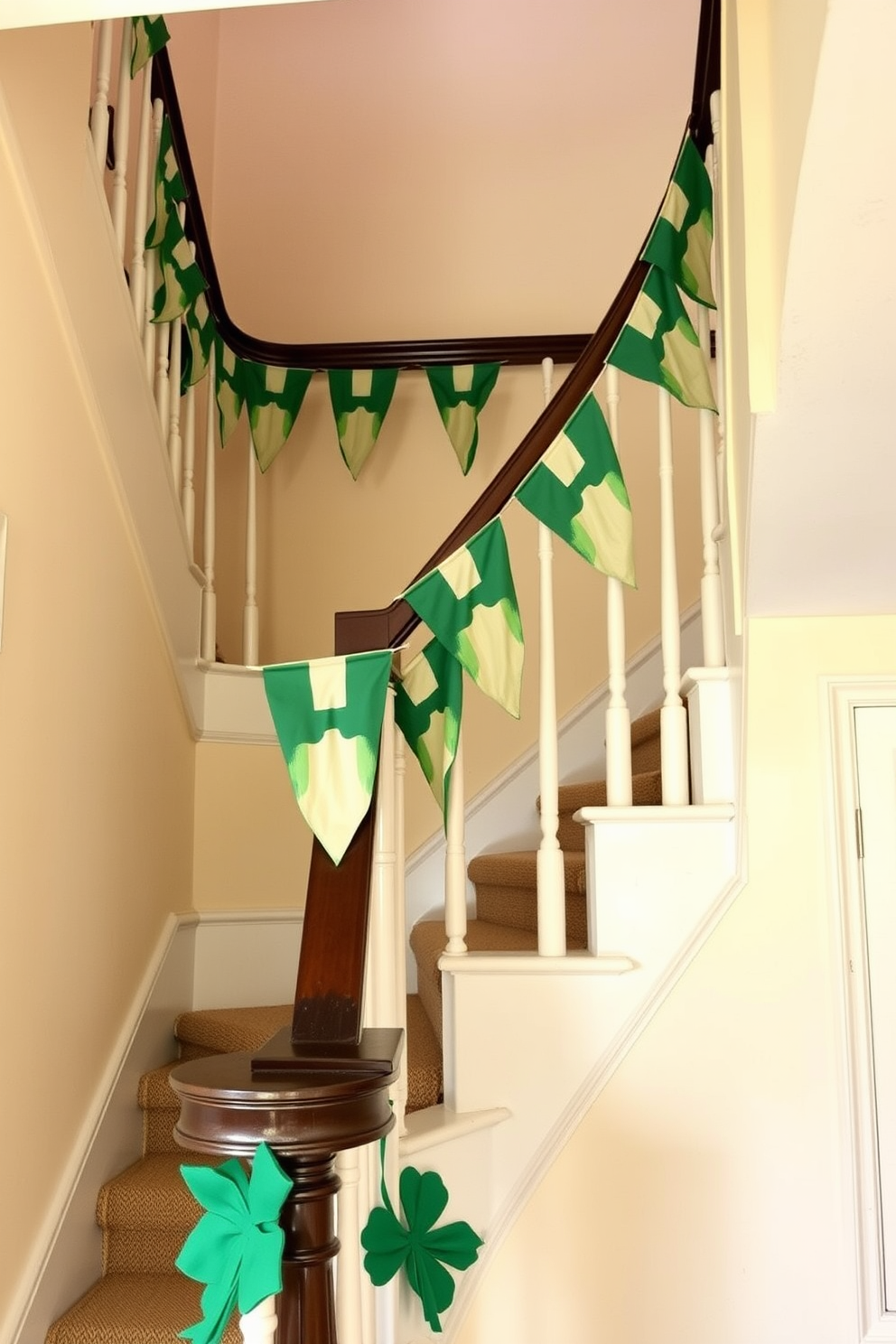 A charming staircase adorned with vintage Irish flags gracefully hanging down the banister. The walls are painted in a soft cream color, creating a warm and inviting atmosphere perfect for St. Patrick's Day celebrations.