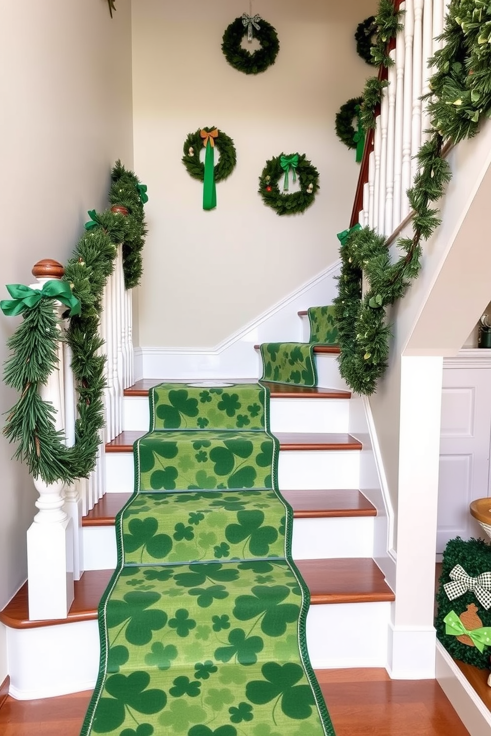 A shamrock-themed wreath adorns the entrance, featuring lush green leaves and delicate white flowers. The wreath is beautifully complemented by a rustic wooden door that enhances the festive atmosphere. The staircase is elegantly decorated with garlands of green ribbons and twinkling fairy lights. Along the railing, small pots of shamrocks and gold accents create a cheerful St. Patrick's Day ambiance.