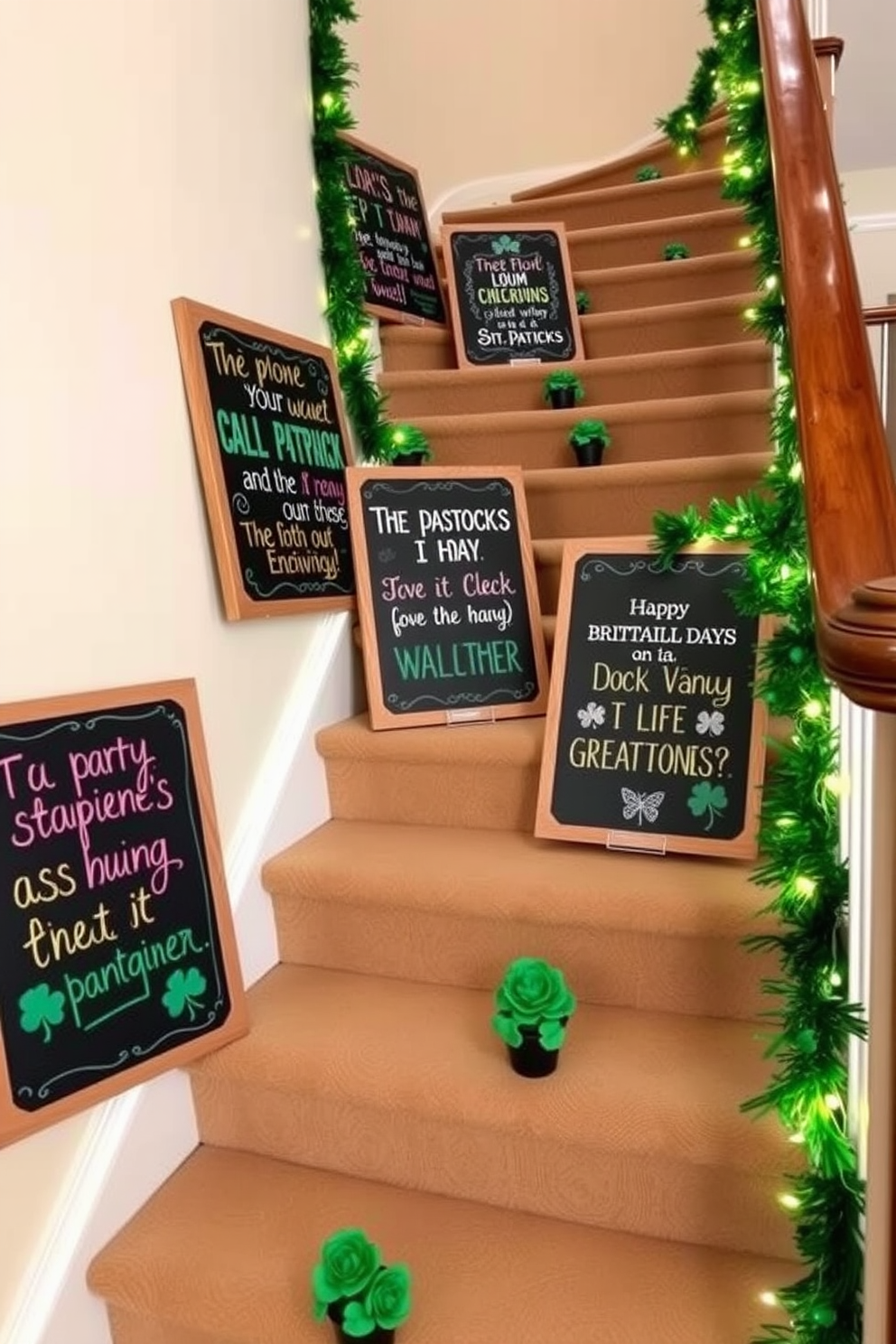 A stunning staircase adorned with gold glitter accents on each riser creates a luxurious focal point. The steps are complemented by a rich mahogany banister that adds warmth and elegance to the overall design. For St. Patrick's Day, the staircase is decorated with vibrant green garlands intertwined with twinkling fairy lights. Festive shamrock ornaments hang from the banister, enhancing the cheerful atmosphere of the celebration.