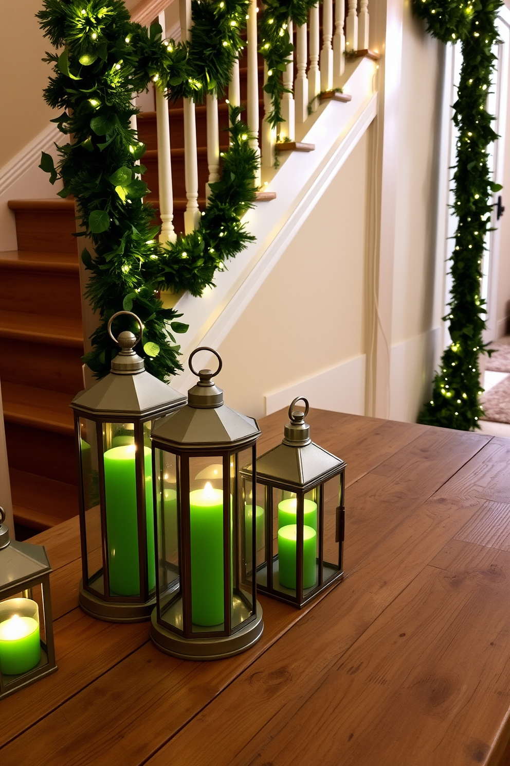 A charming staircase adorned with green fairy lights creates a magical ambiance. The lights twinkle softly, illuminating the steps and adding a festive touch for St. Patrick's Day. Decorative shamrocks and gold accents are strategically placed along the railing. A vibrant green garland drapes elegantly, enhancing the holiday spirit and inviting warmth into the space.