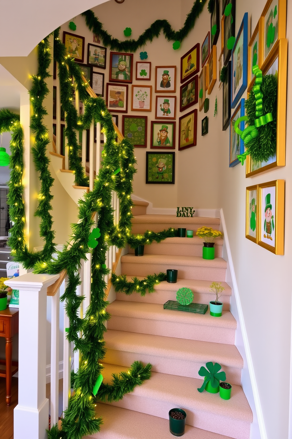 A vibrant St. Patrick's Day themed photo gallery adorns the walls, showcasing an array of festive decorations and green accents. The staircase is elegantly wrapped in lush green garlands, with twinkling fairy lights that add a magical touch to the space. Colorful framed images of shamrocks, leprechauns, and traditional Irish symbols are displayed in a cohesive arrangement on the gallery wall. Each step of the staircase features small potted plants and decorative elements that celebrate the spirit of St. Patrick's Day.