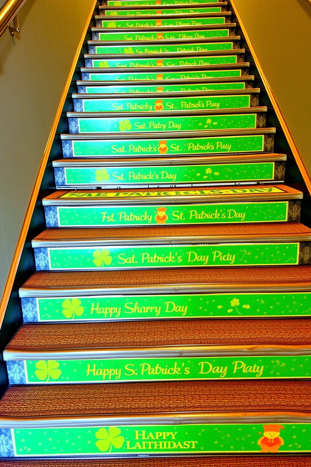 Brightly colored step markers line the staircase, each one adorned with festive St. Patrick's Day motifs such as shamrocks and leprechauns. The vibrant hues of green, gold, and orange create a playful atmosphere, inviting guests to celebrate the holiday spirit as they ascend.