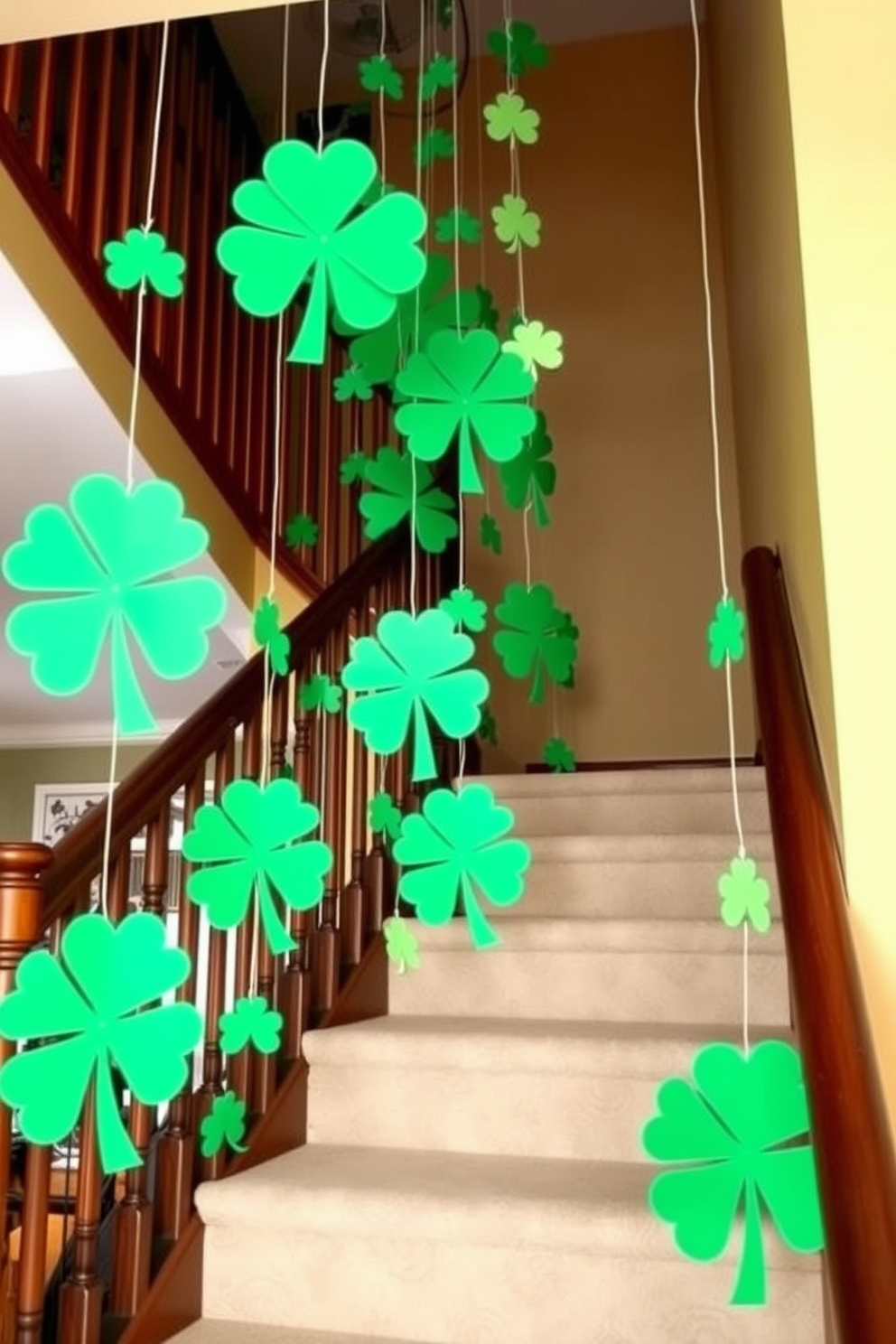 Create a festive staircase adorned with hanging shamrock cutouts gracefully suspended from the ceiling. The cutouts should vary in size and shade of green, adding a playful and vibrant touch to the St. Patrick's Day decor.