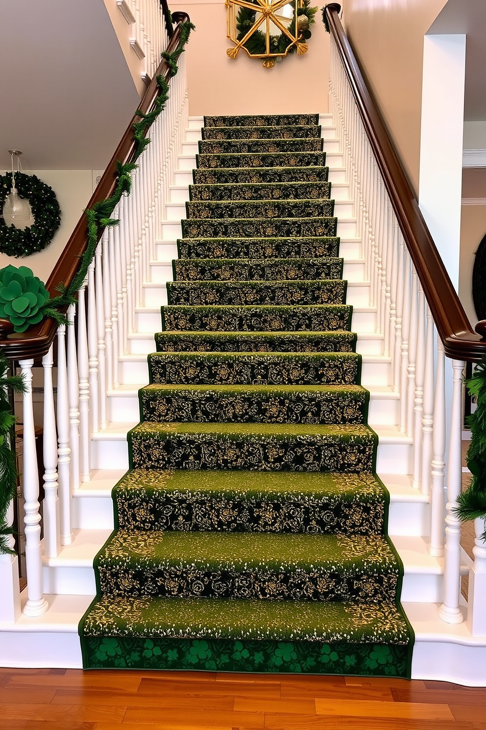 A charming staircase adorned with hanging garlands of felt shamrocks creates a festive atmosphere. The vibrant green shamrocks cascade gracefully down the banister, adding a touch of whimsy to the St. Patrick's Day decor.