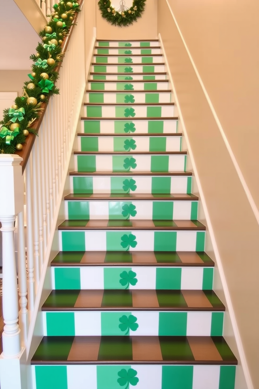 A St. Patrick's Day themed photo display is arranged along a staircase. The display features a mix of framed family photos and festive decorations, including green and gold accents, shamrocks, and twinkling fairy lights. The staircase is adorned with garlands of green fabric and clusters of balloons in various shades of green. Each step is decorated with small pots of gold coins and mini leprechaun hats, creating a cheerful and inviting atmosphere.