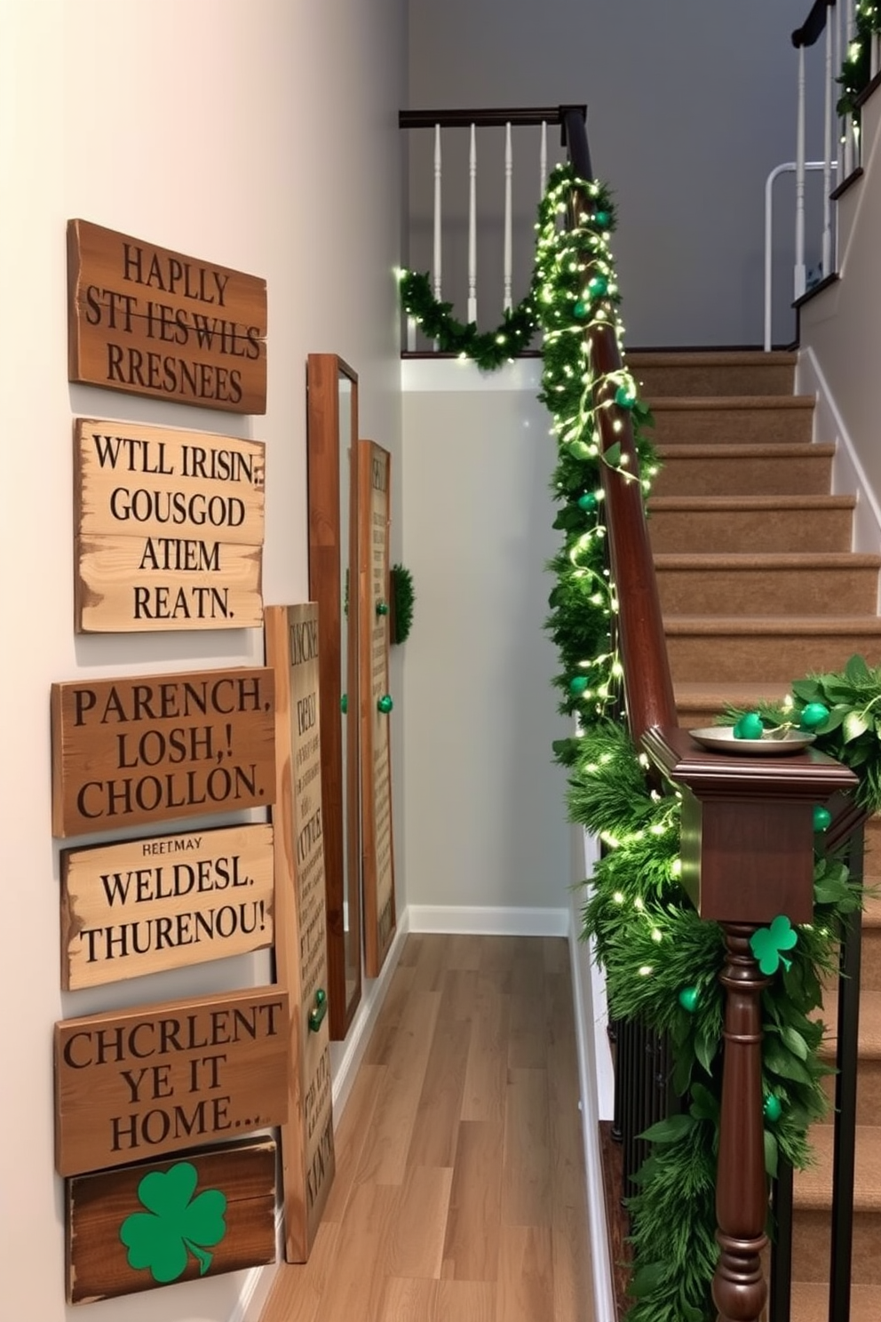 A collection of rustic wooden signs displaying traditional Irish sayings is arranged along a cozy hallway. Each sign features intricate carvings and a weathered finish, enhancing the warm atmosphere of the space. The staircase is adorned with festive St. Patrick's Day decorations, including green garlands and twinkling fairy lights. Accents of shamrocks and gold accents create a cheerful and inviting ambiance for the holiday.