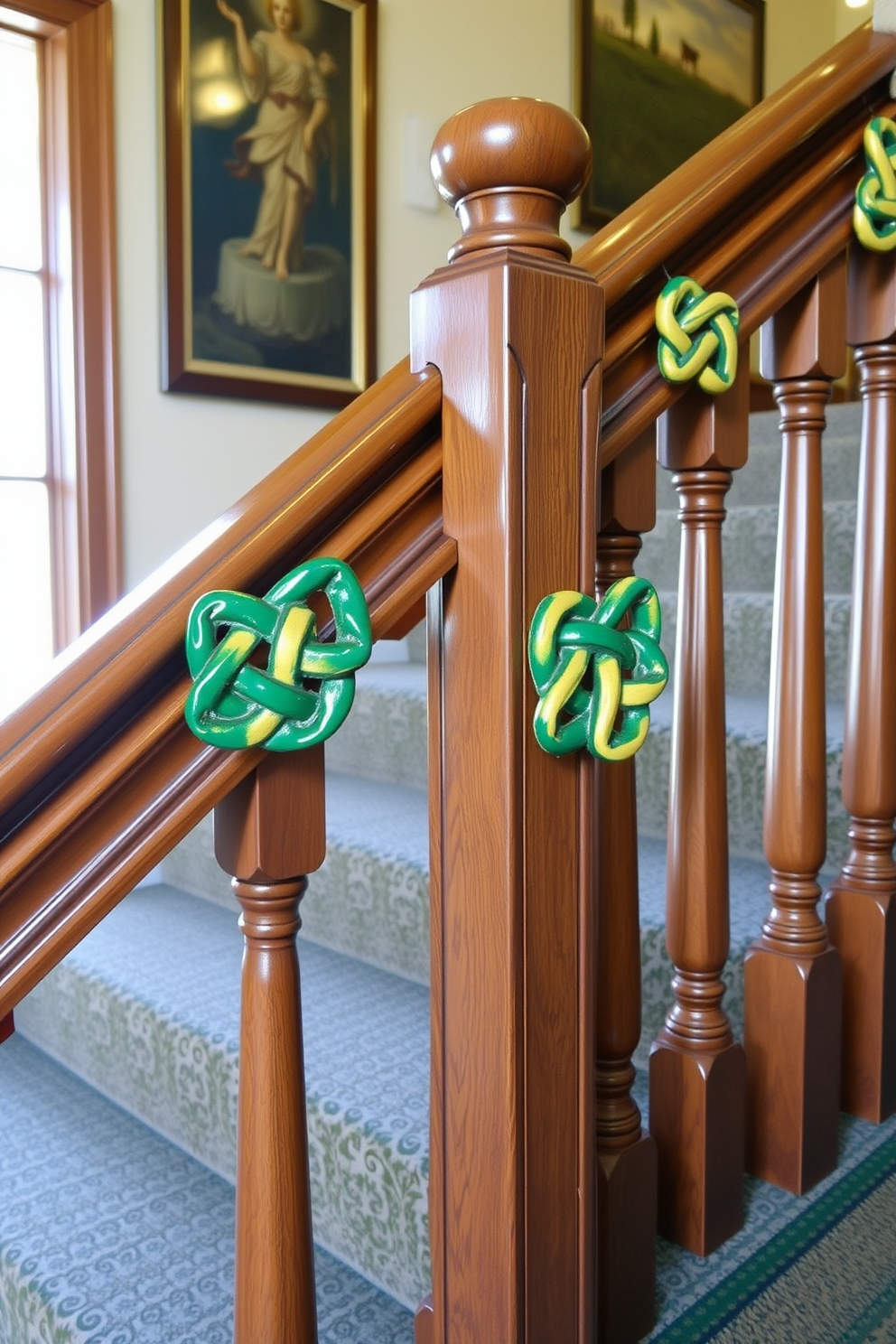 A beautifully decorated landing staircase features a vibrant green and gold table runner that elegantly drapes over the banister. The table runner is adorned with festive St. Patrick's Day decorations, including small shamrocks and gold accents that create a cheerful atmosphere.