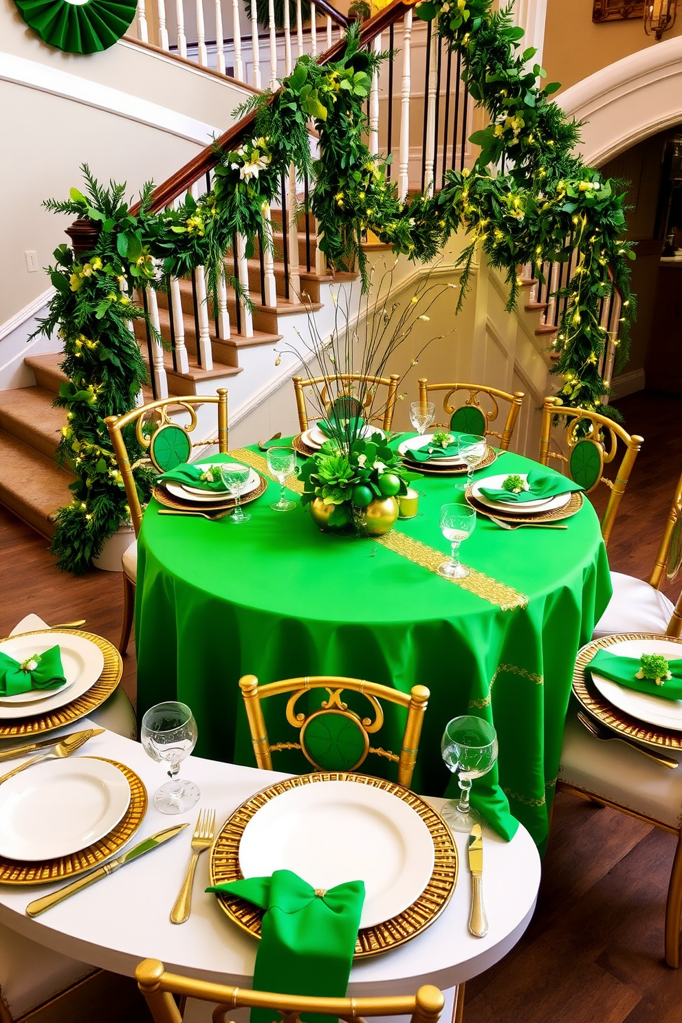 A cozy living room corner featuring woven baskets filled with lush green decor. The baskets are artfully arranged next to a comfortable armchair, creating a welcoming and vibrant atmosphere. A grand staircase adorned with elegant St. Patrick's Day decorations. Lush green garlands and twinkling fairy lights cascade down the banister, enhancing the festive spirit of the home.