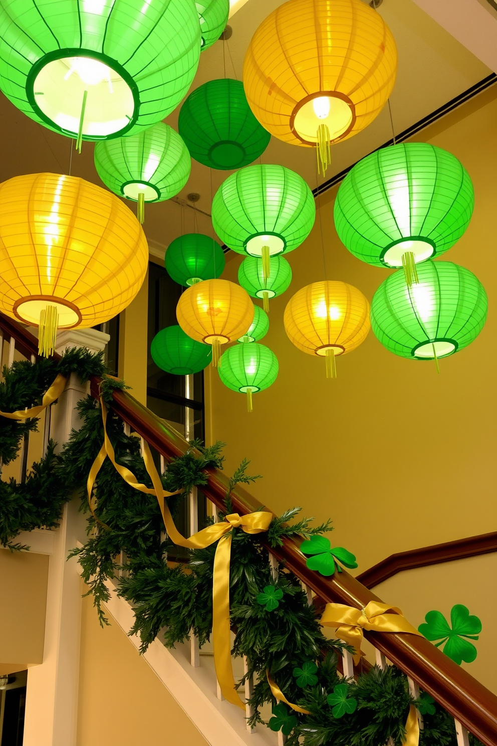 Hanging green and gold paper lanterns are suspended from the ceiling, creating a festive atmosphere for St. Patrick's Day. The soft glow of the lanterns illuminates the space, enhancing the celebratory decor. The staircase is adorned with lush green garlands intertwined with golden ribbons, adding a touch of elegance to the festive theme. Decorative shamrocks are placed along the railing, inviting guests to enjoy the holiday spirit.