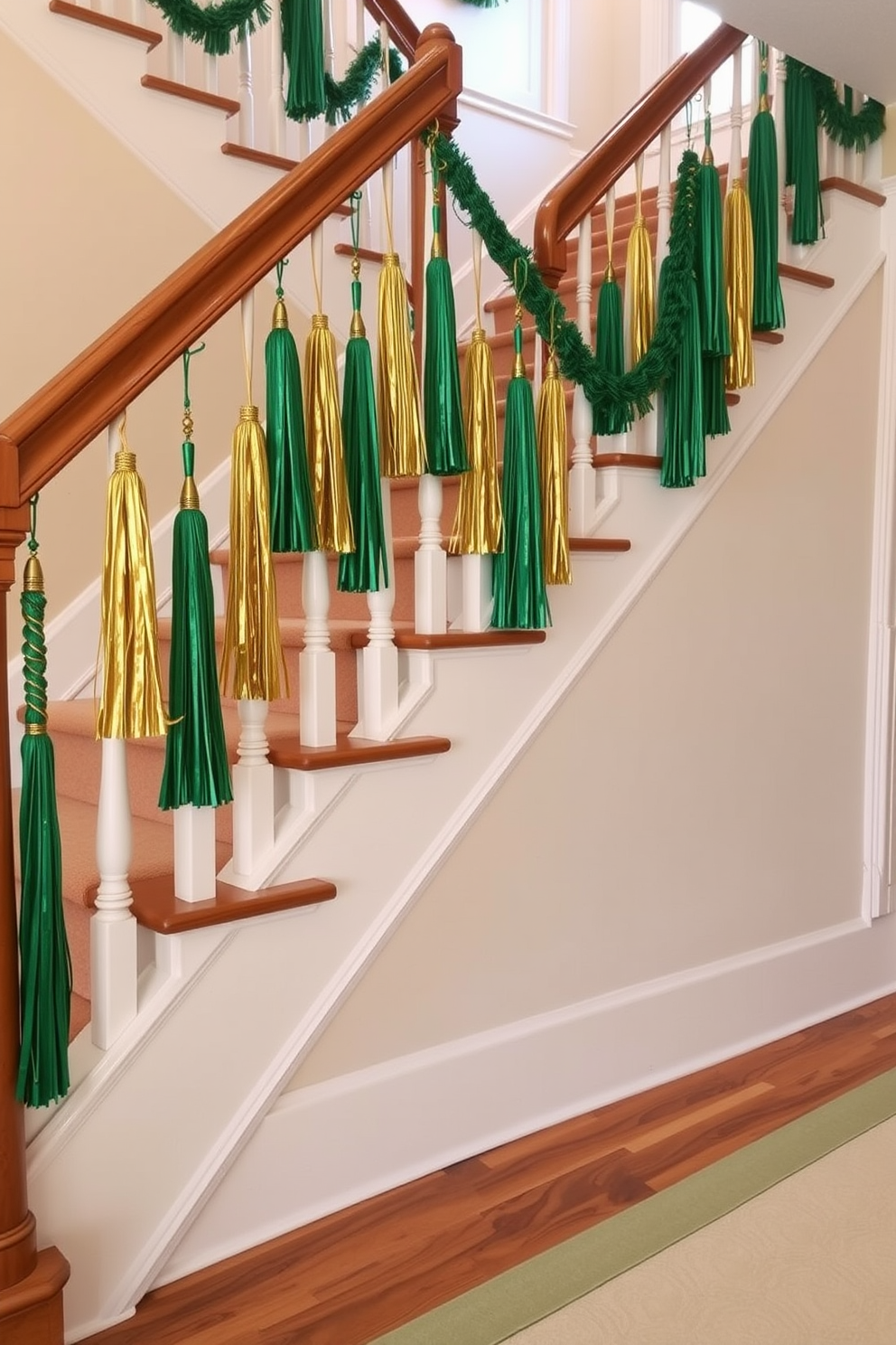 A beautiful staircase adorned with hanging green and gold tassels from the railing. The staircase is elegantly designed with polished wooden steps and a soft runner that complements the festive St. Patrick's Day theme.