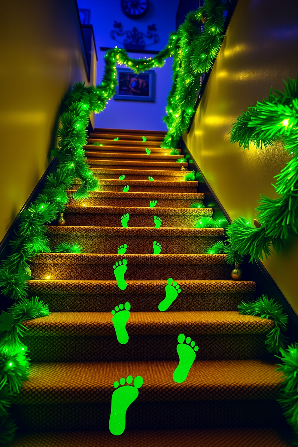 A cozy staircase adorned with hanging lanterns that emit a warm glow. Each lantern holds a green candle, casting soft shadows on the walls and creating an inviting atmosphere for St. Patrick's Day celebrations. The staircase is decorated with garlands of shamrocks and twinkling fairy lights. Festive green accents and small pots of gold coins are placed along the steps, enhancing the holiday spirit.