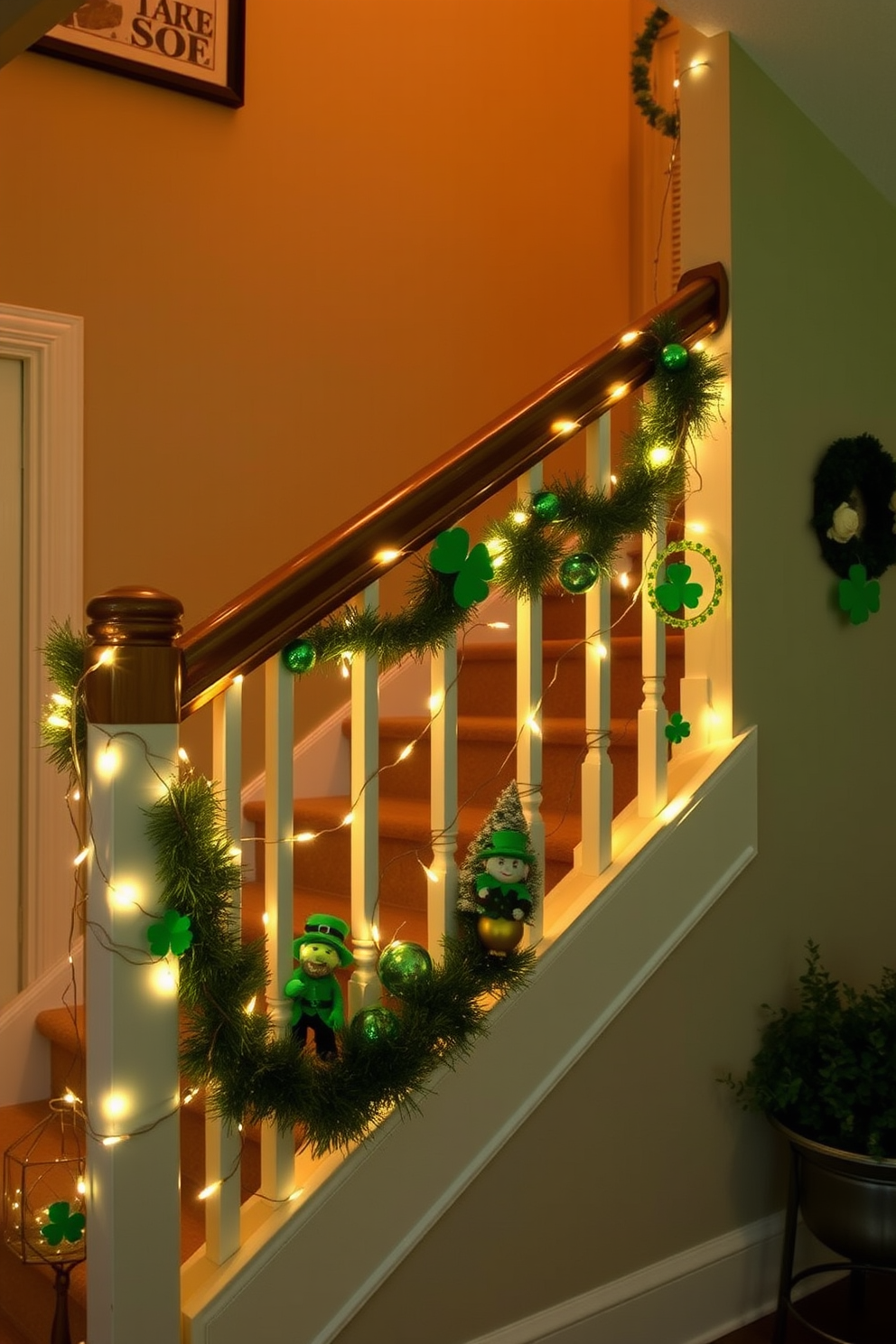 A vibrant balloon arch spans elegantly over the staircase, featuring an array of green, gold, and white balloons to celebrate St. Patrick's Day. The staircase is adorned with festive decorations, including shamrocks and twinkling fairy lights that enhance the cheerful atmosphere.