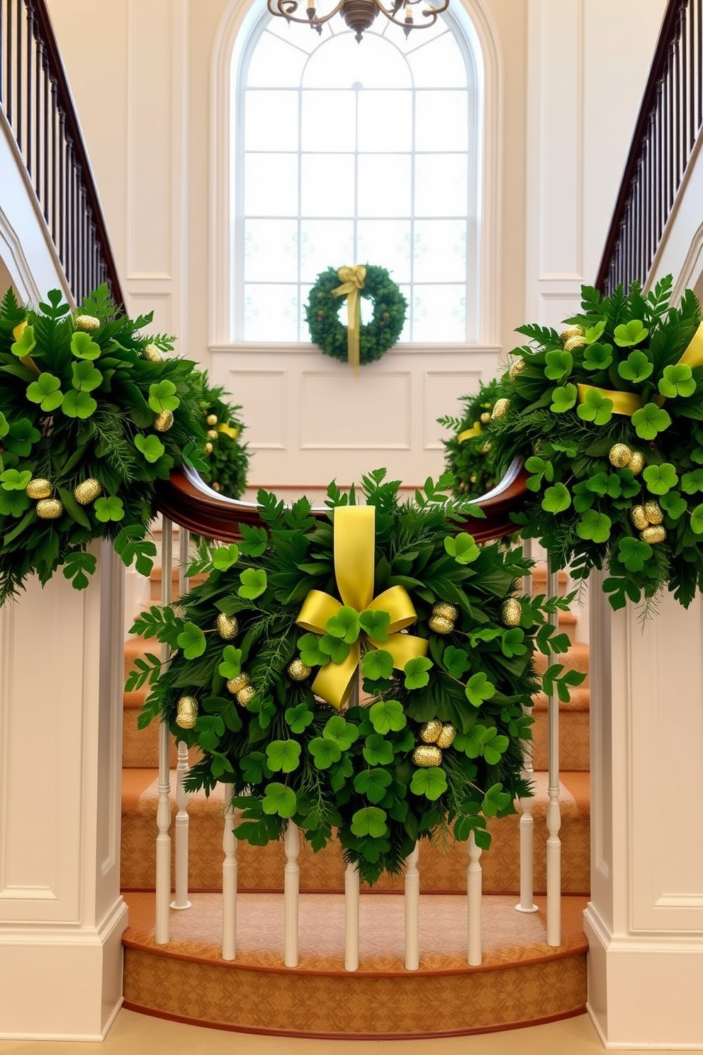 A grand staircase is decorated with lush green wreaths adorned with vibrant shamrocks and shimmering gold accents. The wreaths are elegantly hung on the banister, creating a festive and inviting atmosphere for St. Patrick's Day celebrations.