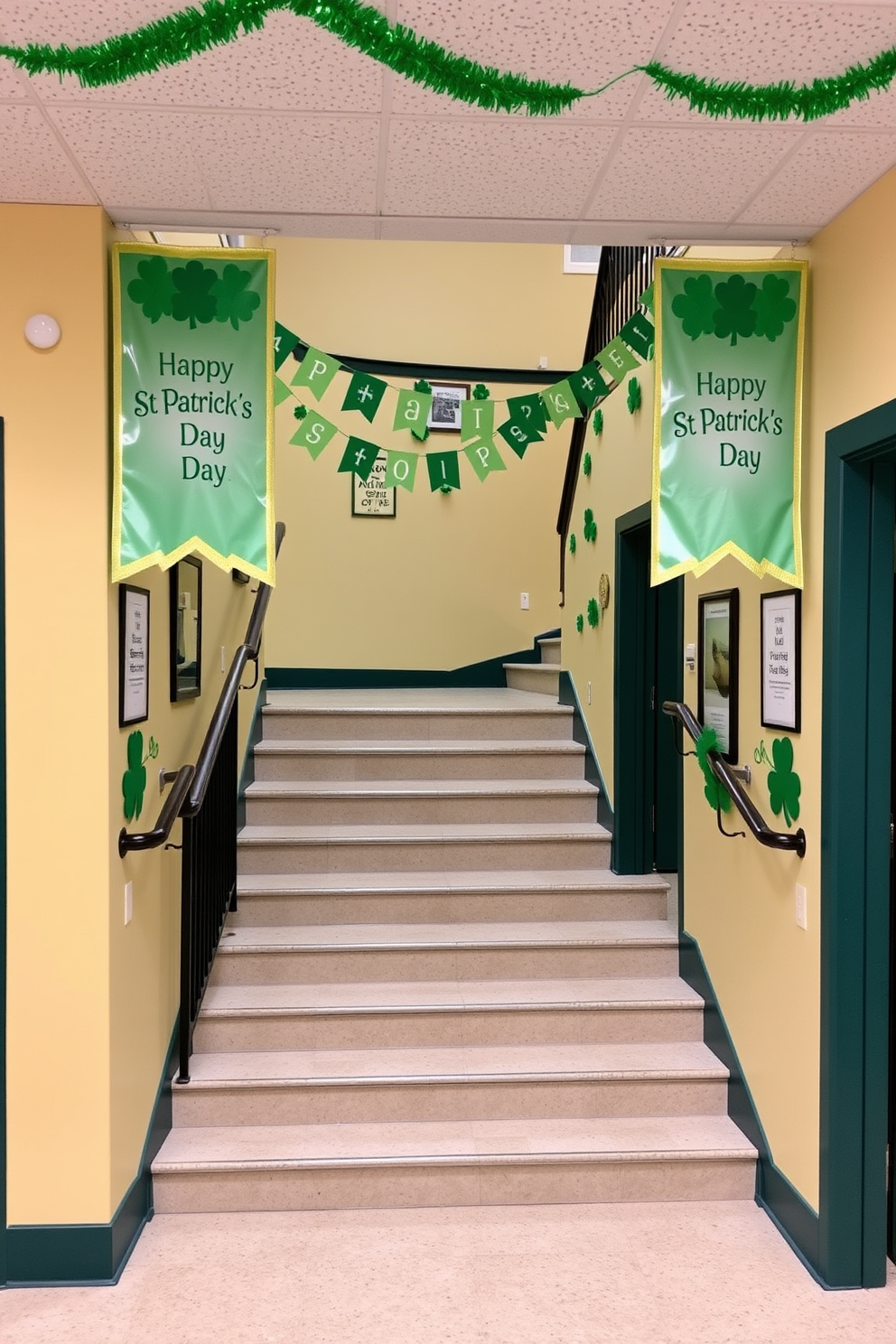 A cheerful staircase adorned with festive banners celebrating St. Patrick's Day. The walls are decorated with vibrant green and gold accents, creating a lively atmosphere for the holiday.