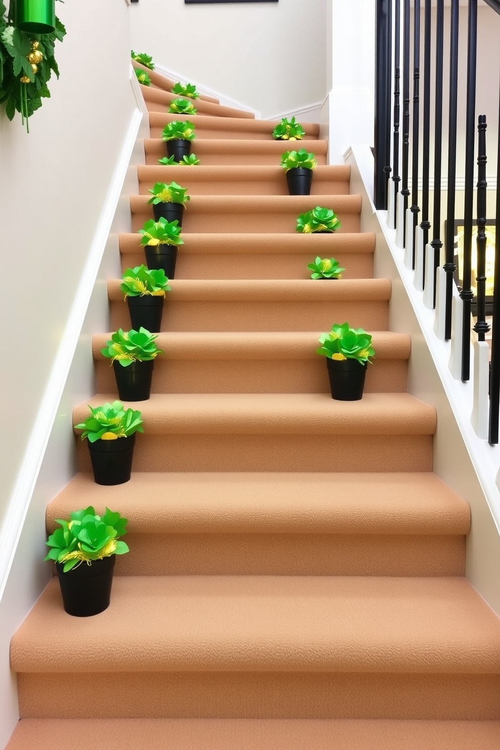 A charming staircase adorned with a green and white striped runner carpet that adds a festive touch. The walls are decorated with subtle St. Patrick's Day accents, including garlands of shamrocks and framed vintage Irish posters.