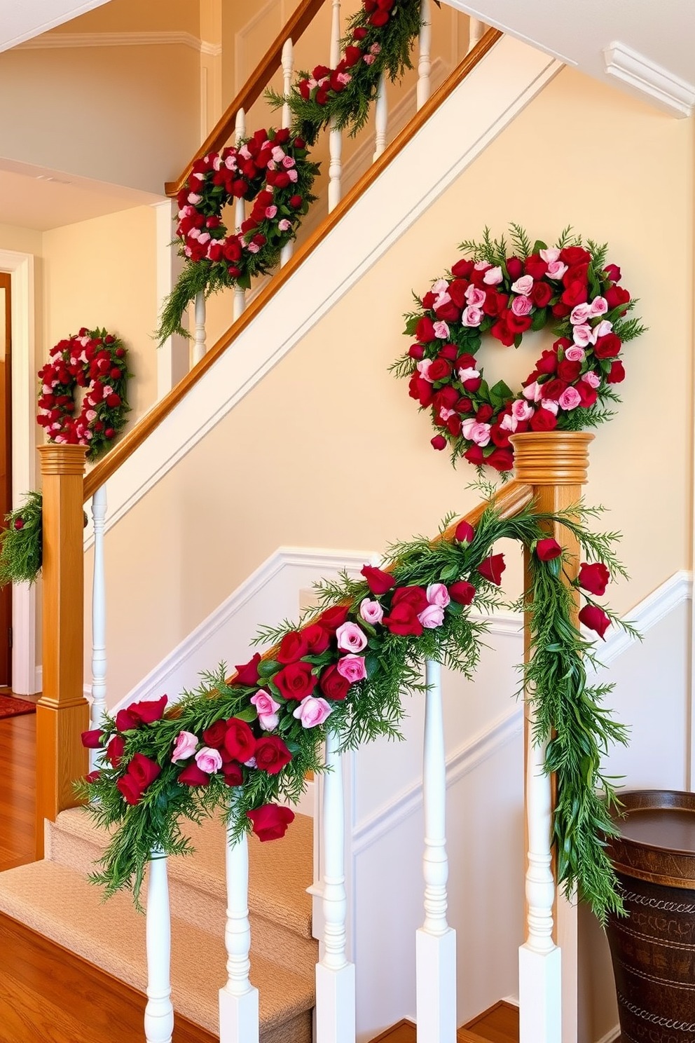 Create a warm and inviting staircase adorned with heart-shaped wreaths on the railings. The wreaths are made of lush red and pink flowers, intertwined with delicate greenery, adding a festive touch for Valentine's Day.