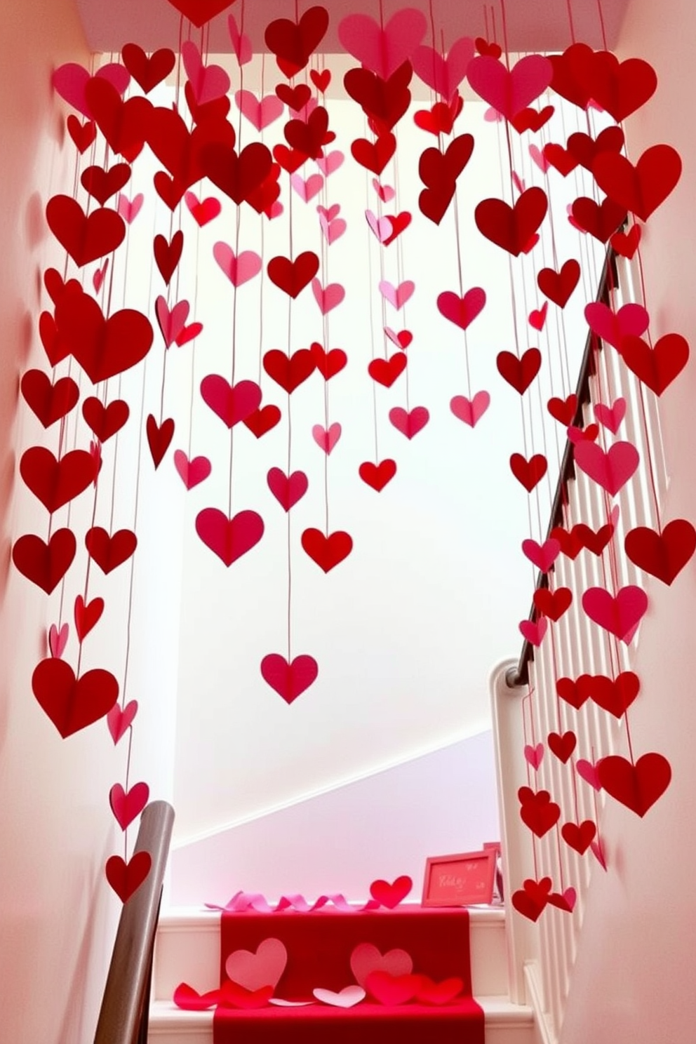 Create a whimsical Valentine's Day setting featuring a staircase adorned with hanging paper hearts. The hearts are in various shades of red and pink, cascading down from the ceiling to create a romantic atmosphere.