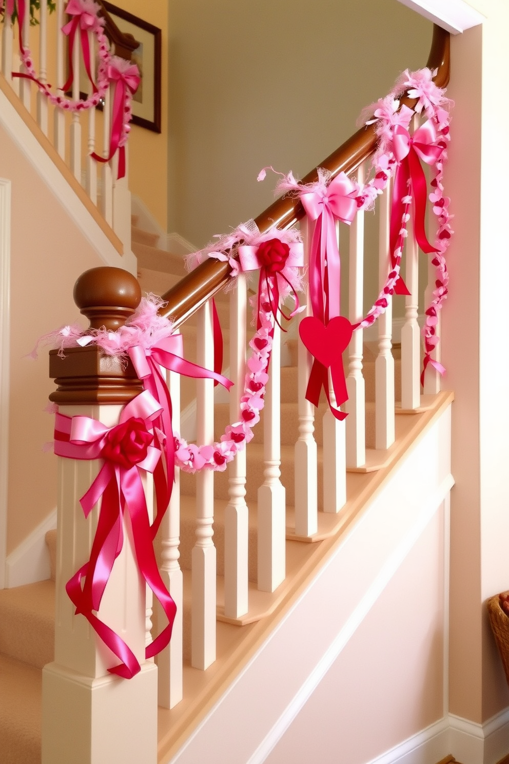 A charming staircase adorned for Valentine's Day features ribbon bows tied on each post, creating a festive and romantic atmosphere. Soft pink and red hues dominate the decor, with heart-shaped garlands draping elegantly along the railing, enhancing the overall celebration of love.