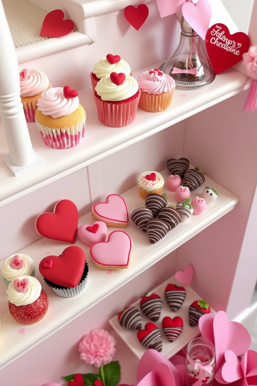 Sweet treats are elegantly arranged on a staircase shelf, featuring an assortment of colorful cupcakes, heart-shaped cookies, and chocolate-covered strawberries. The shelf is adorned with soft pink and red decorations, creating a warm and inviting atmosphere for Valentine's Day.