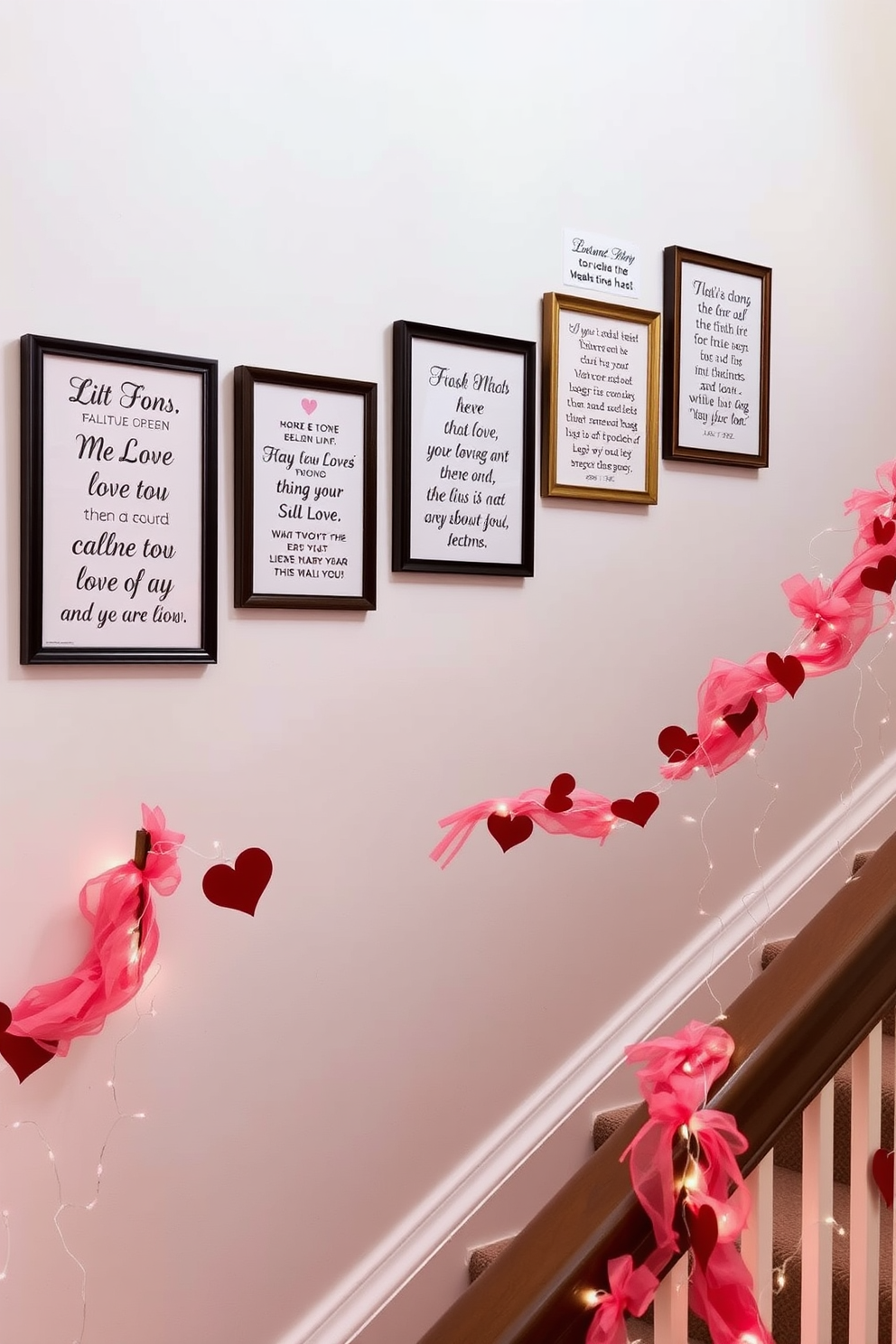 Decorative heart pillows are arranged on each stair tread, adding a whimsical touch to the staircase. The pillows feature various shades of red and pink, perfectly complementing the festive Valentine's Day theme.