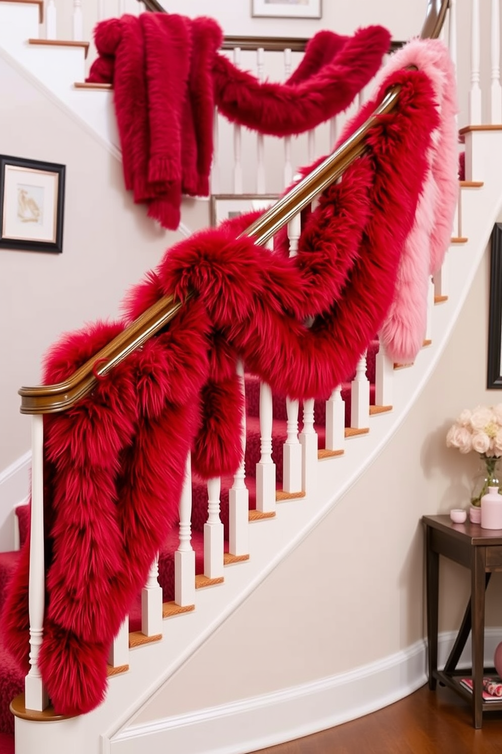 A cozy staircase adorned with faux fur throws in vibrant red and soft pink hues. The throws cascade elegantly over the banister, creating a warm and inviting atmosphere for Valentine's Day.