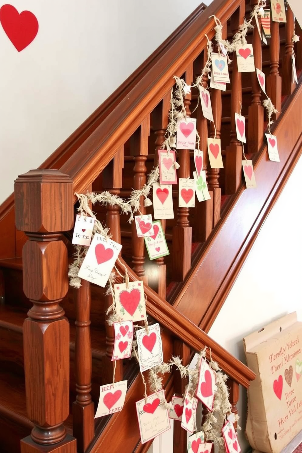 A whimsical staircase adorned with colorful heart-shaped confetti scattered across each step. The walls are draped with soft white garlands and twinkling fairy lights, creating a festive and romantic atmosphere for Valentine's Day.