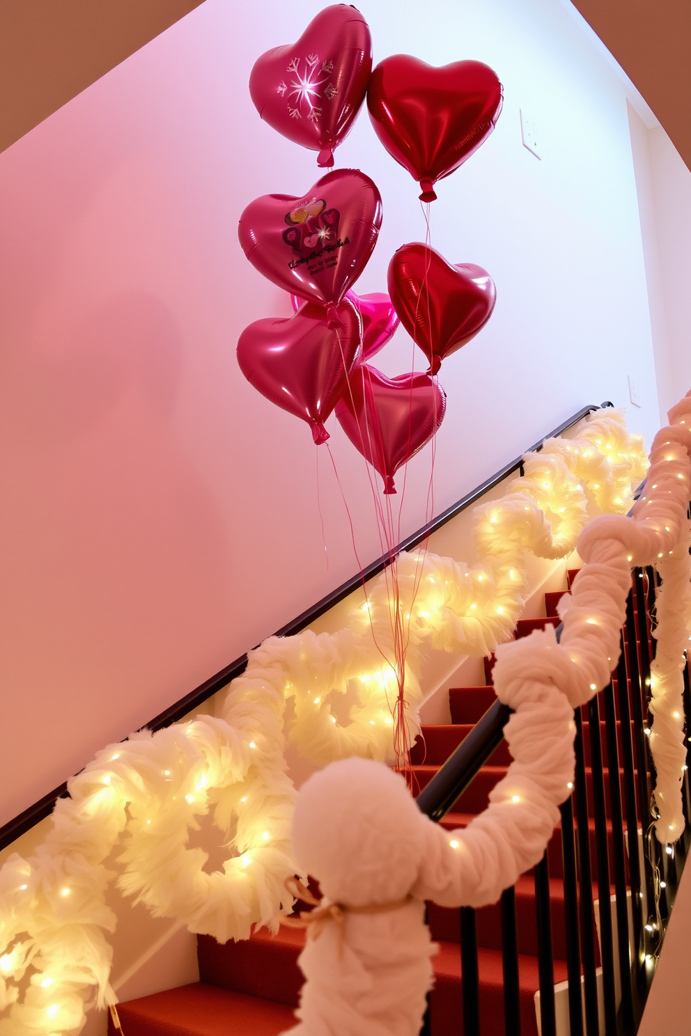 Heart-shaped balloons float gracefully above a beautifully designed staircase. The stairs are adorned with soft white garlands and twinkling fairy lights, creating a romantic and festive atmosphere for Valentine's Day.