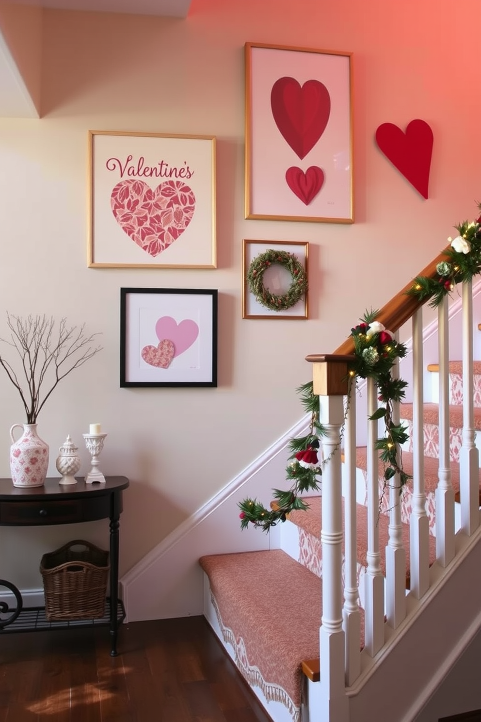 Create a warm and inviting staircase decorated for Valentine's Day. The wall features seasonal artwork with romantic themes, including heart motifs and soft pastel colors, creating a cozy atmosphere.